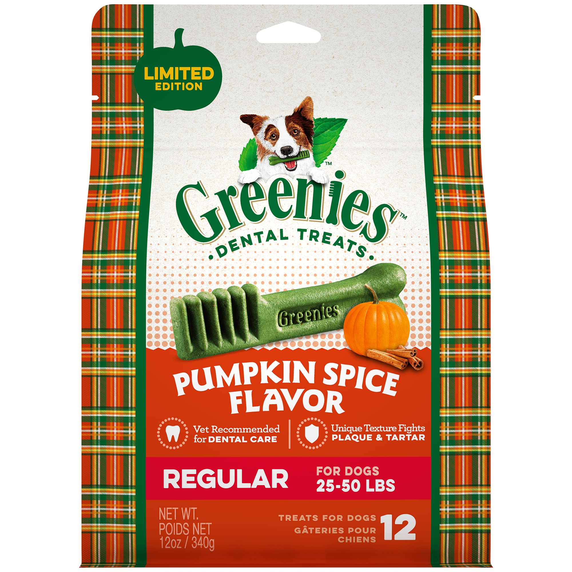 Greenies Regular Natural Dog Dental Care Chews Oral Health Dog Treats, Pumpkin Spice Flavor, 12 oz. (12 Treats)