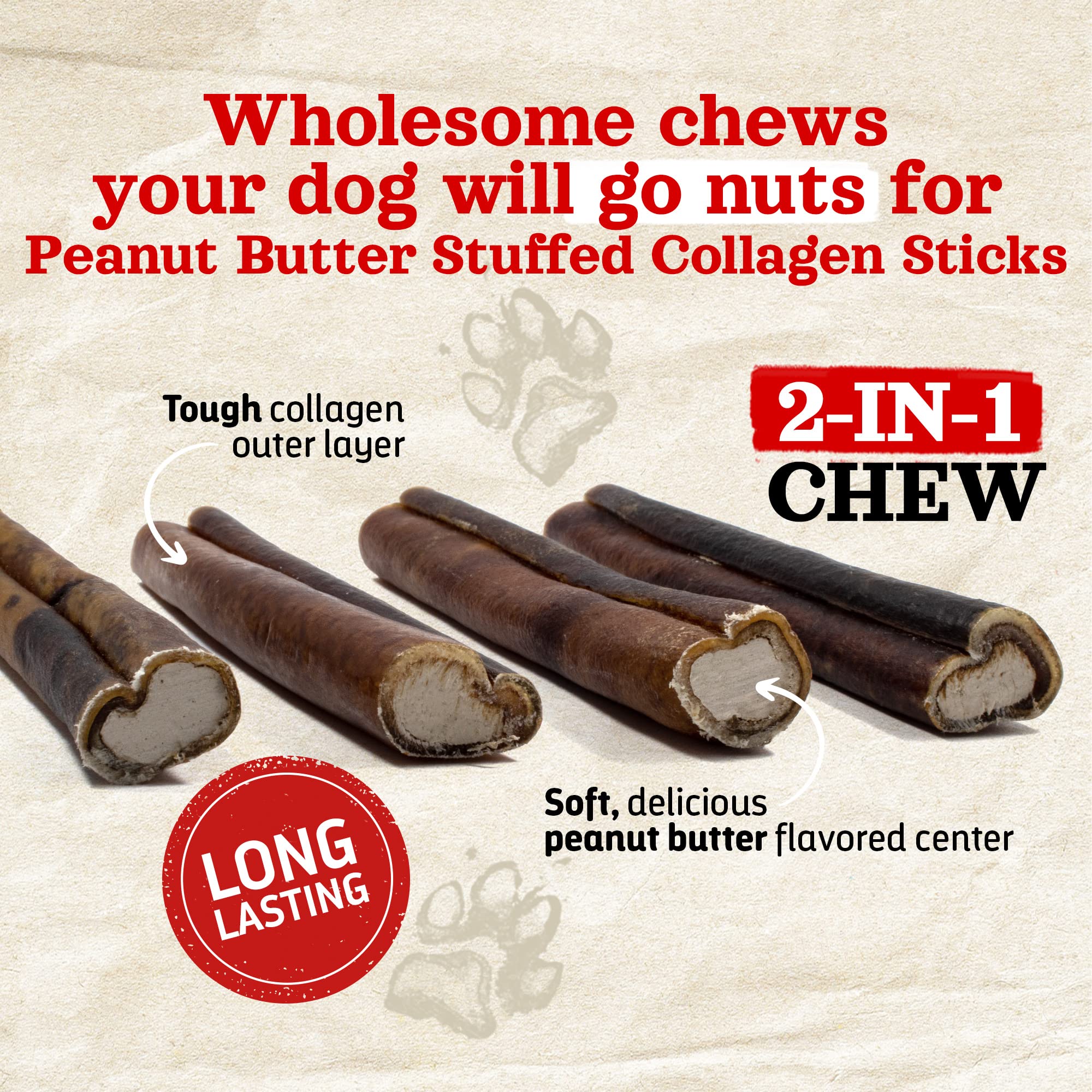 Natural Farm Peanut Butter Stuffed Collagen Sticks for Dogs (12 Inch, 5-Pack), Rawhide-Free Collagen Sticks, Natural Long Lastin