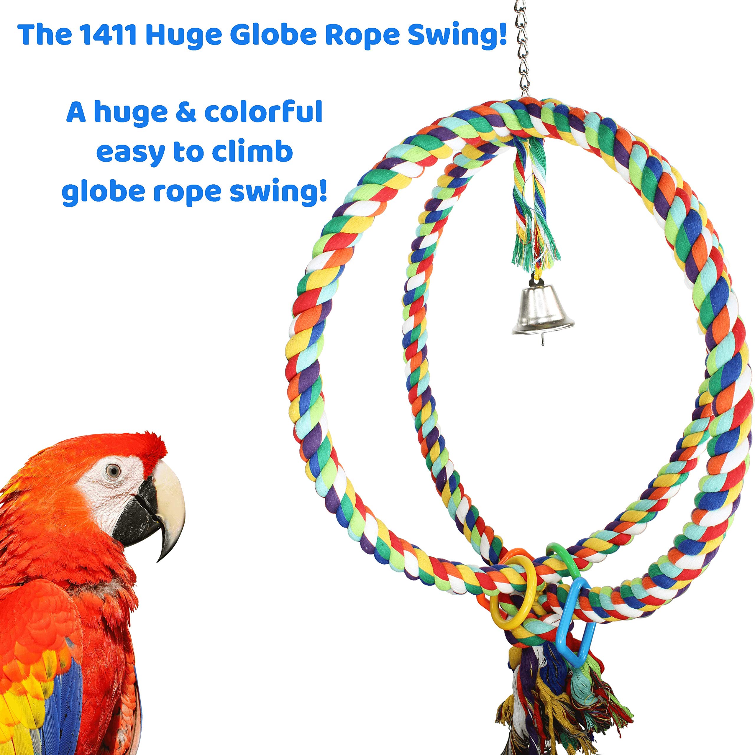 Bonka Bird Toys 1411 Huge Globe Rope Swing, 32' Hanging Bird Perch With Colorful Cotton Rope, Bells, And Plastic Shapes, Large Preening And Climbing Toy, Safe For Macaws, Cockatoos, And Large Parrots