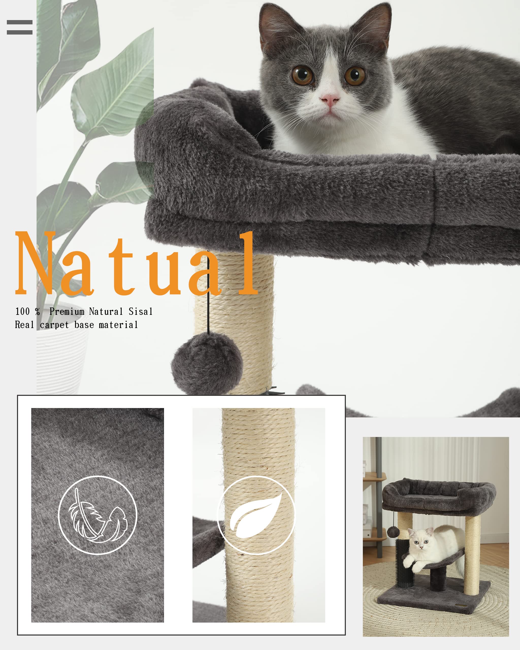 HOOPET Cat Tree Tower, Smoky Gray Cat Scratching Post with Cozy Perch, Self Groomer, Interactive Ball, Model HYAMZ-MPJ005