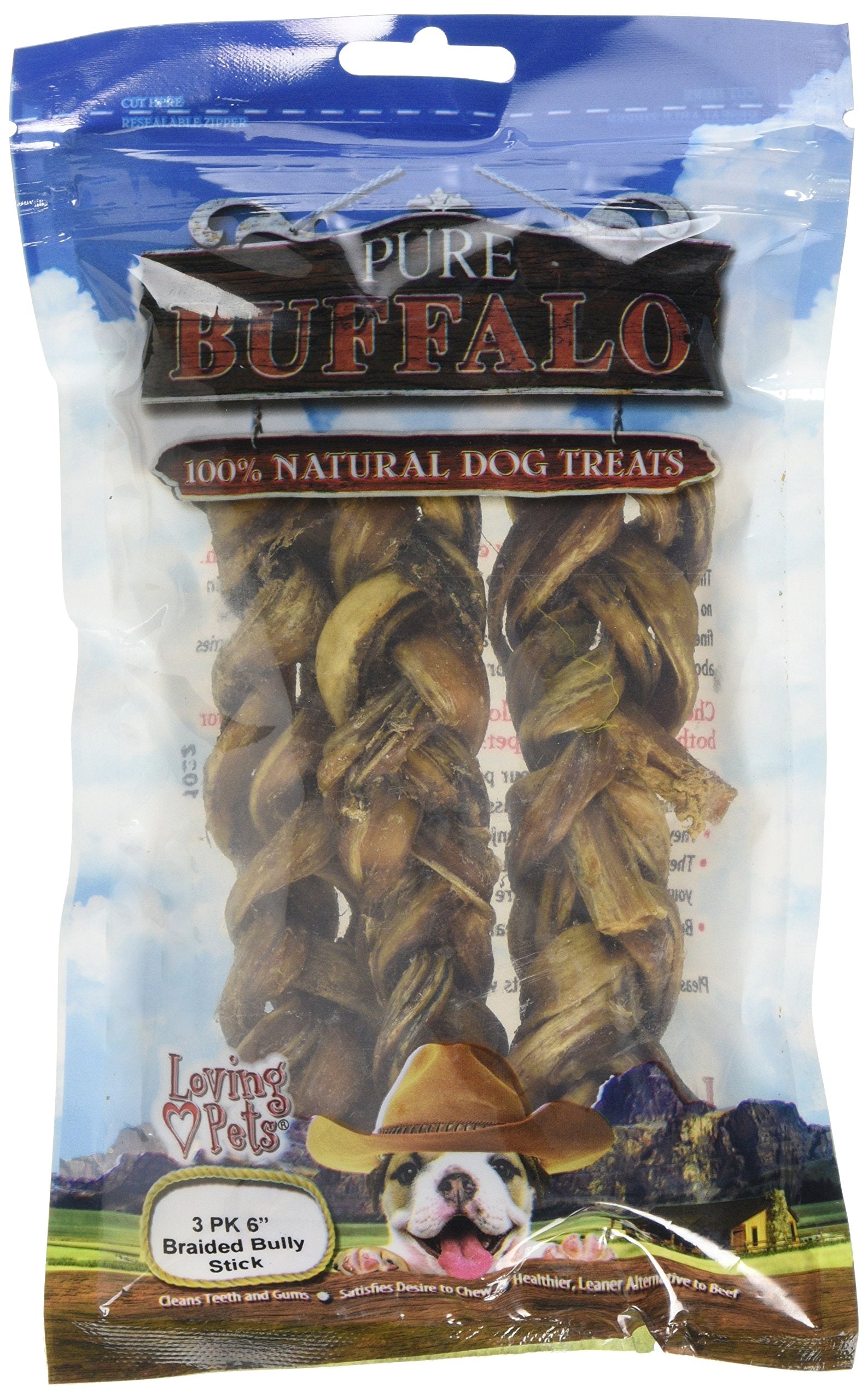 Loving Pets Pure Buffalo 6-Inch Braided Bully Stick Dog Treat, 3-Pack