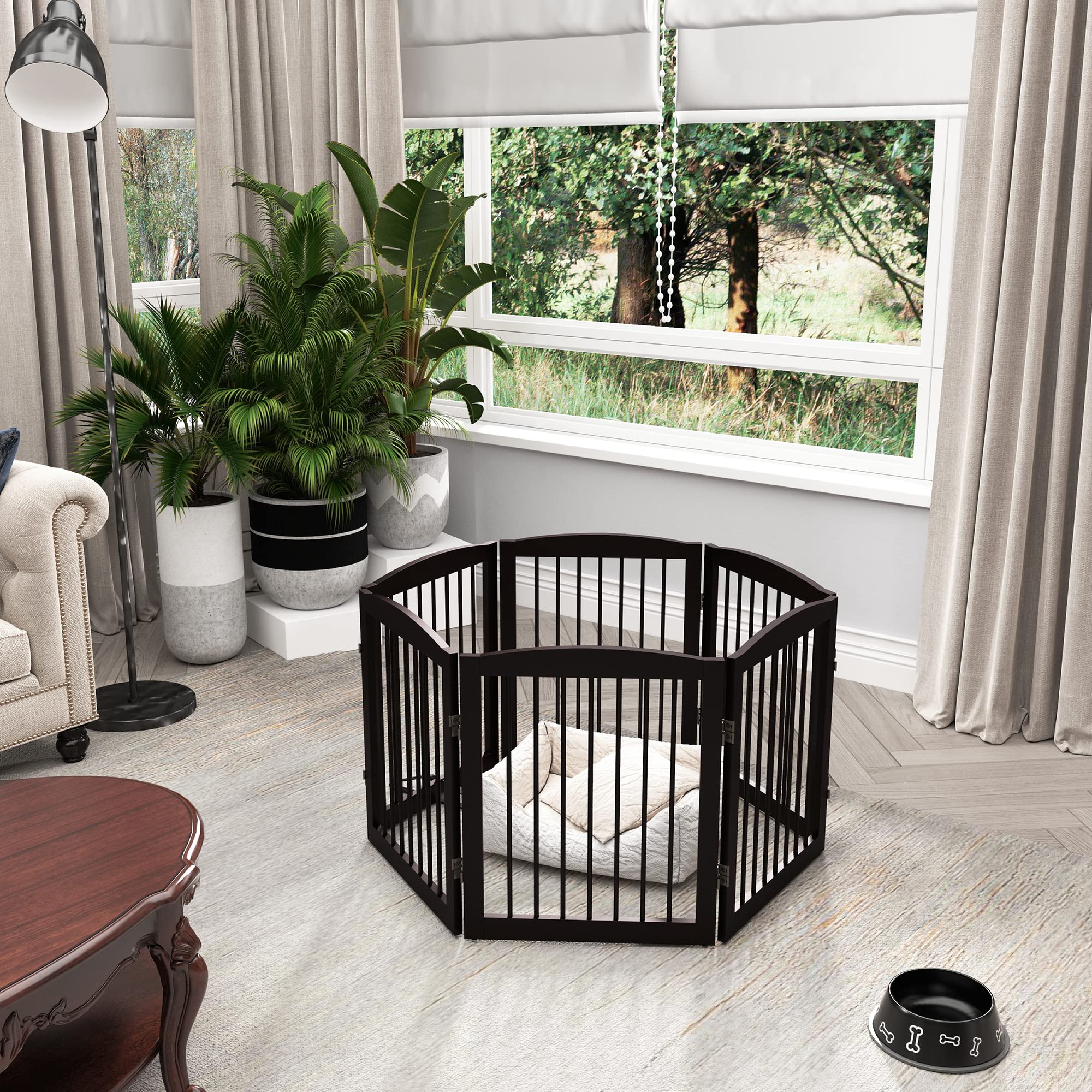 Pupetpo Freestanding Pet Gate For Dogs, Foldable Wooden Dog Gate For House, Extra Wide Dog Gate, Indoor Dog Gate For Stairs, Doorways, Halls, Support Feet Included, 120 Inch Wide, 6 Panels 24', Brown