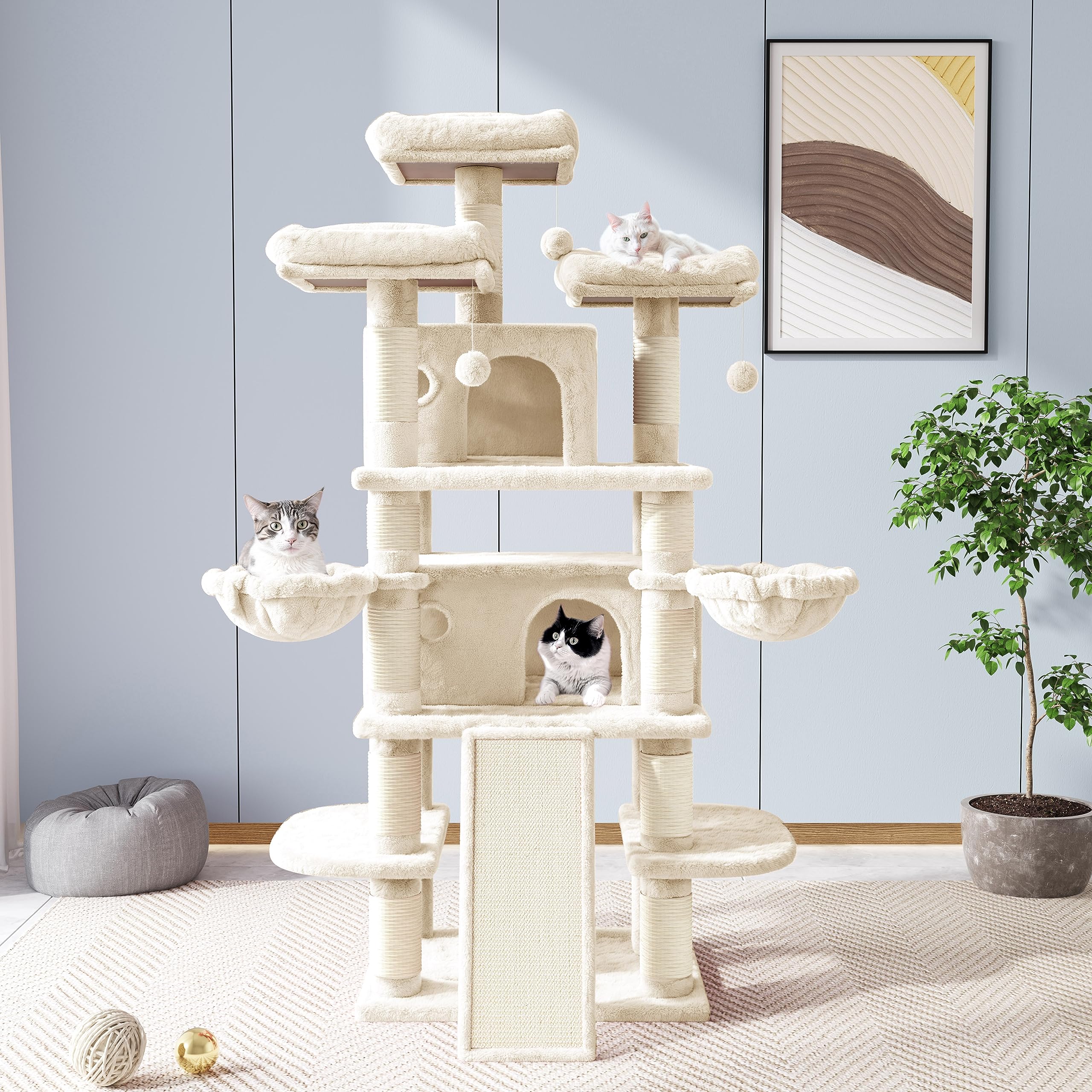 Allewie 68 Inches Cat Tree/House And Towers For Big Feline/Scratching Post/Multi-Level Large Kitty Climbing Tree With Condo/Beig