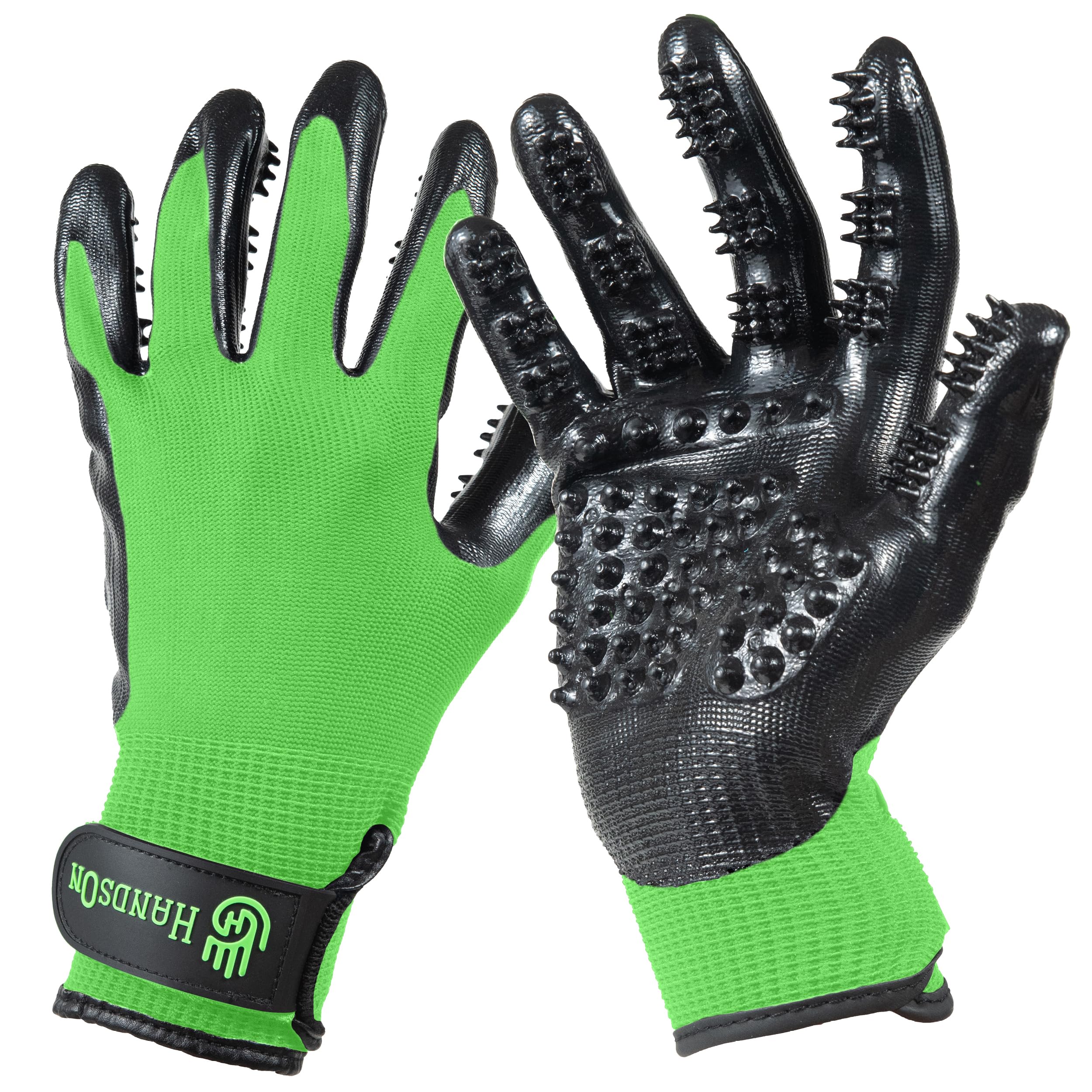 HandsOn Pet Grooming Gloves - #1 Ranked, Award Winning Shedding, Bathing, & Hair Remover Gloves for Cats, Dogs, and Horses (Gree