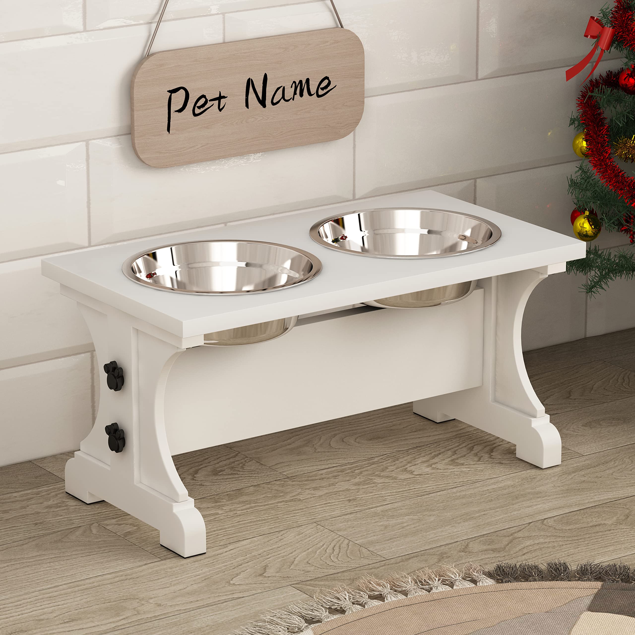 Piskyet Elevated Dog Bowls,Farmhouse Dog Bowls Stand, Raised Dog Bowl with 2 Stainless Steel Wooden Dog Bowls,3.5Cups 8.6'' H_30