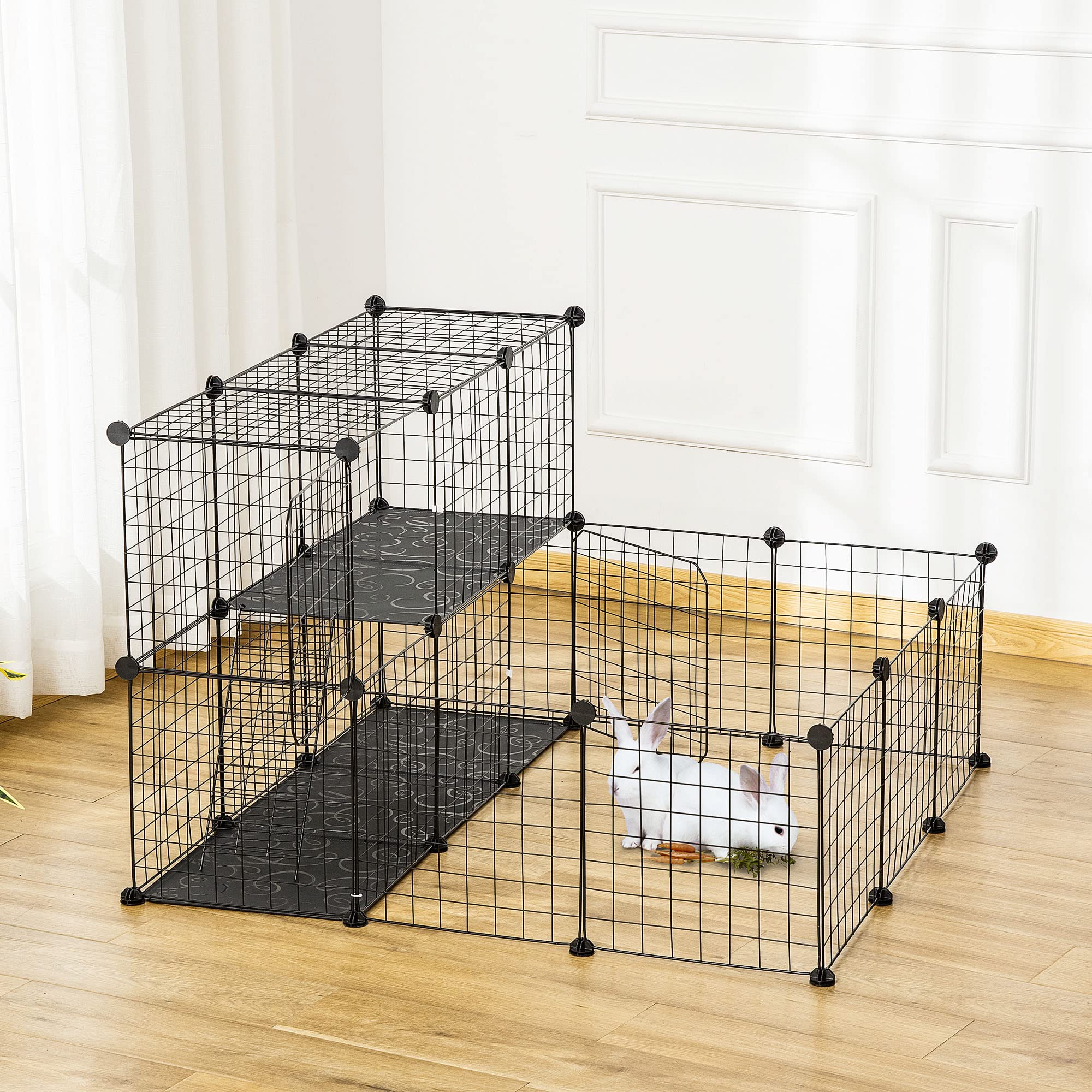 Pawhut Pet Playpen W/ Door Customisable Fence For Guinea Pigs Hamsters Chinchillas Hedgehogs - Black