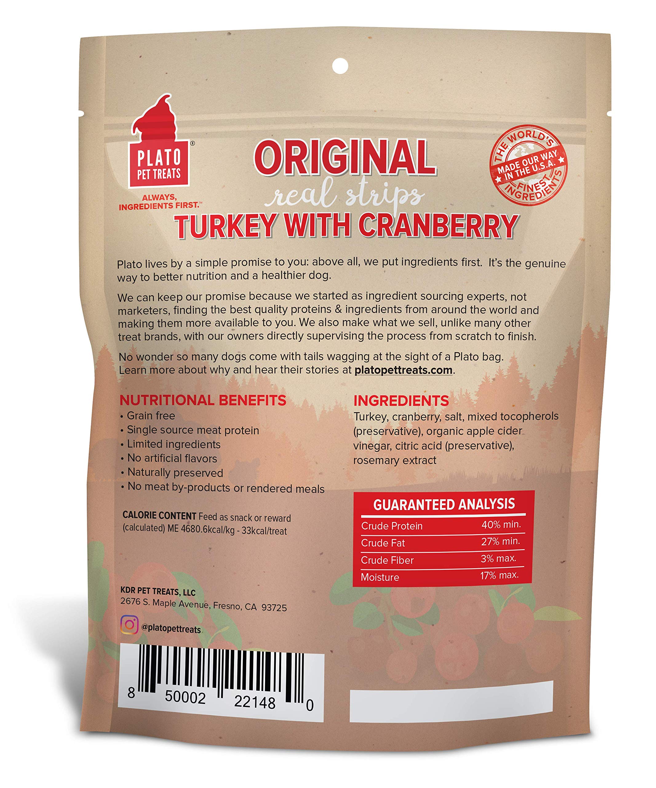 PLATO Turkey Real Strips Natural Dog Treats - Real Meat - Air Dried - Made in the USA - Turkey & Cranberry, 18 ounces