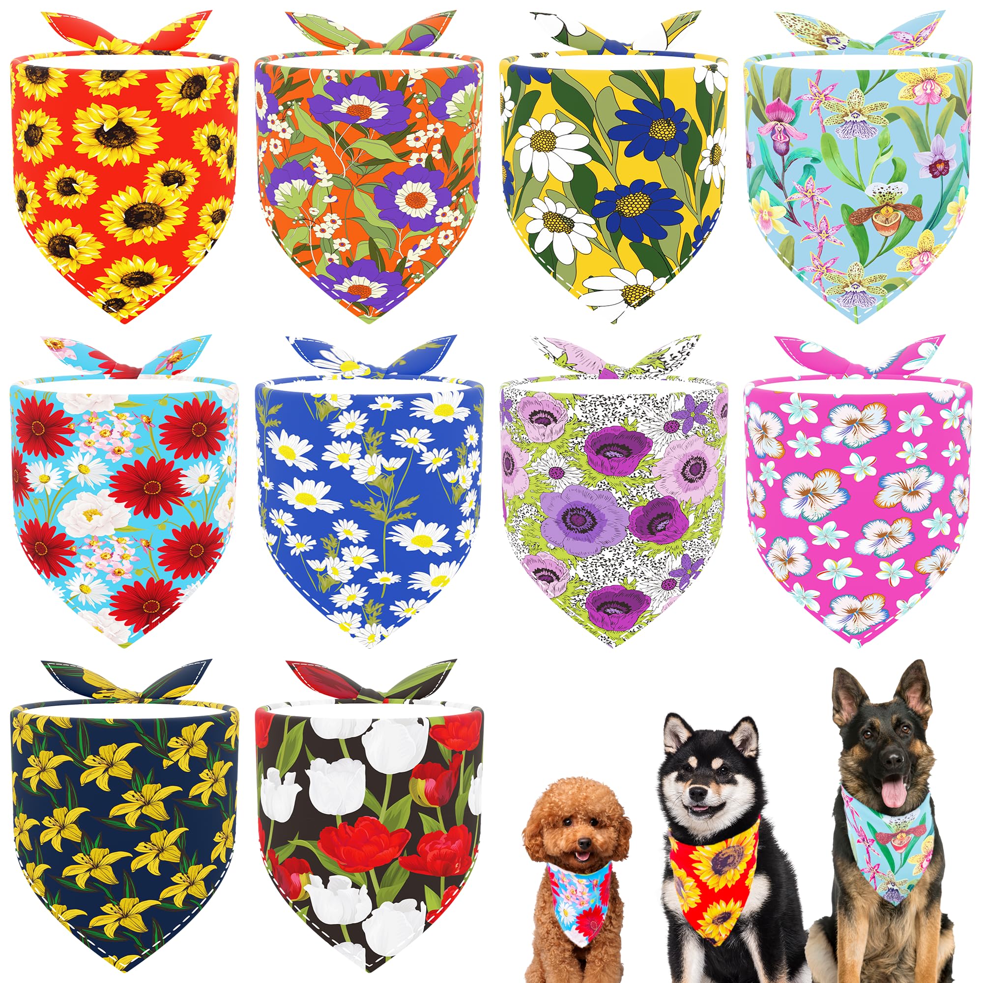 JpGdn 10PCS Dog Bandanas Floral Spring Flowers for Medium Breed Dog Pink Purple Yellow Pattern Kerchief Triangle Bibs Head Scarv