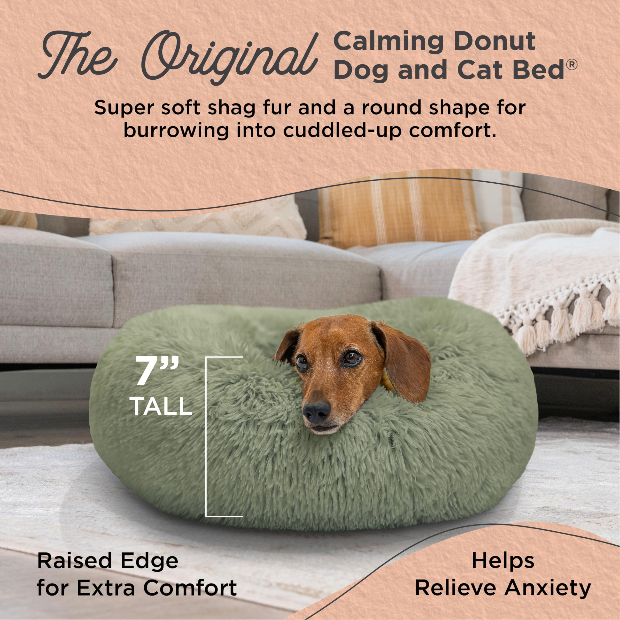 Best Friends By Sheri Original Calming Donut Dog And Cat Bed, Shag Faux Fur, Sage Green, Small (23X23) - Helps Provide Anxiety R