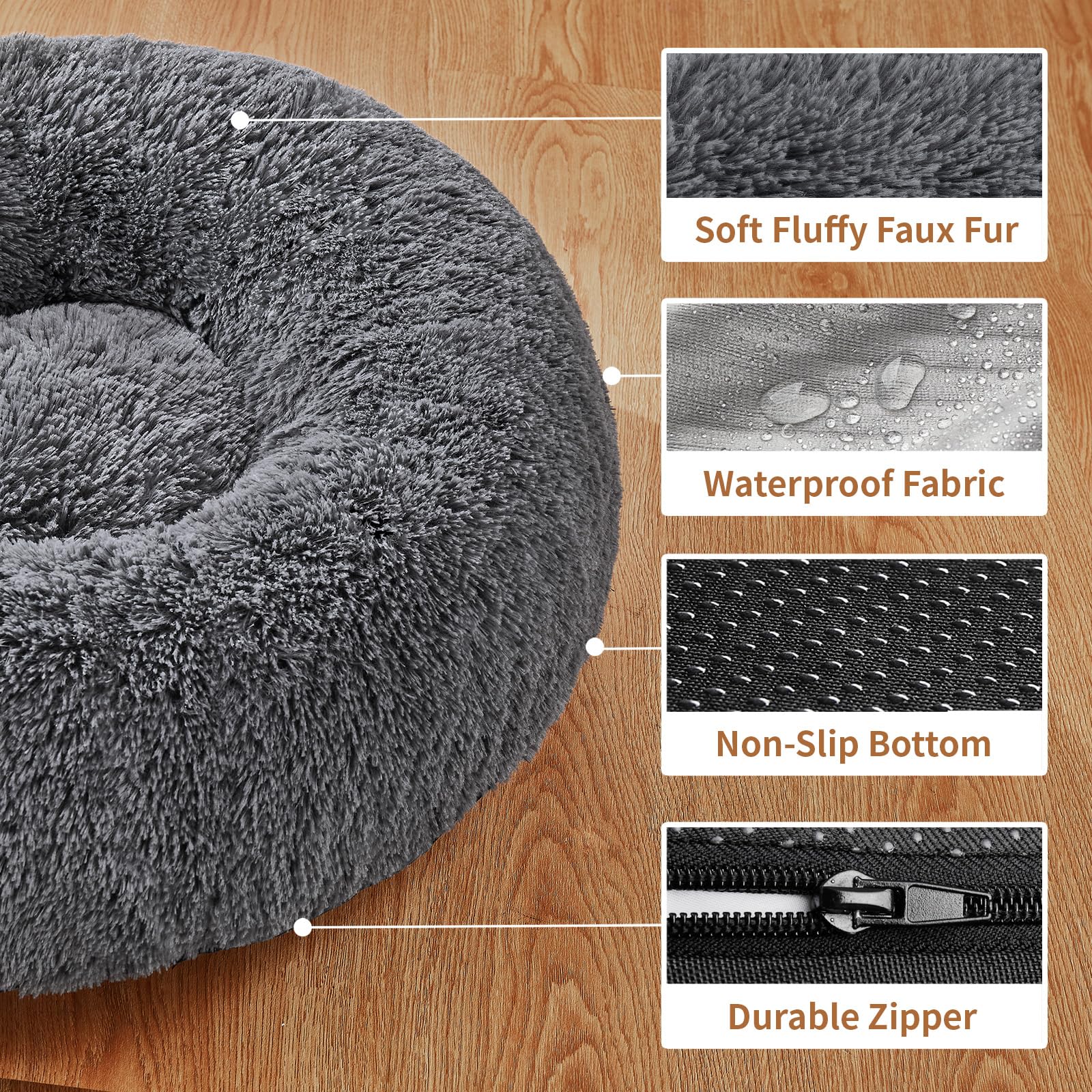 Ohgeni Calming Donut Dog Bed Pillow For Small Medium Pets, Machine Washable Removable Cover, Comfort Plush Fluffy Faux Fur With Anti-Slip Bottom, Cats-Friendly Round Cuddly Design, Gray, 23 Inches