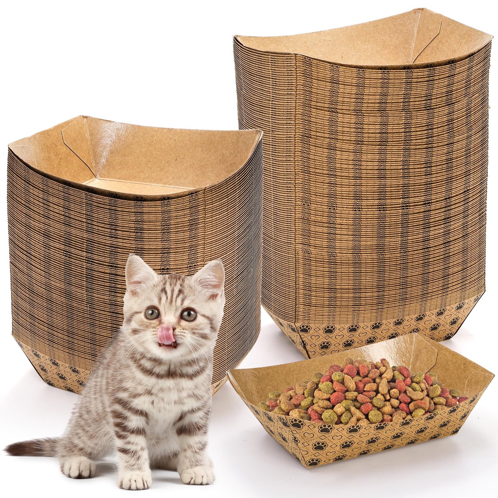 SOUJOY 100 Pack Disposable Pets Feeding Bowls, 2 lb Paper Travel Cat Food Bowl, Boat Foot Print Design Food Serving Trays for We