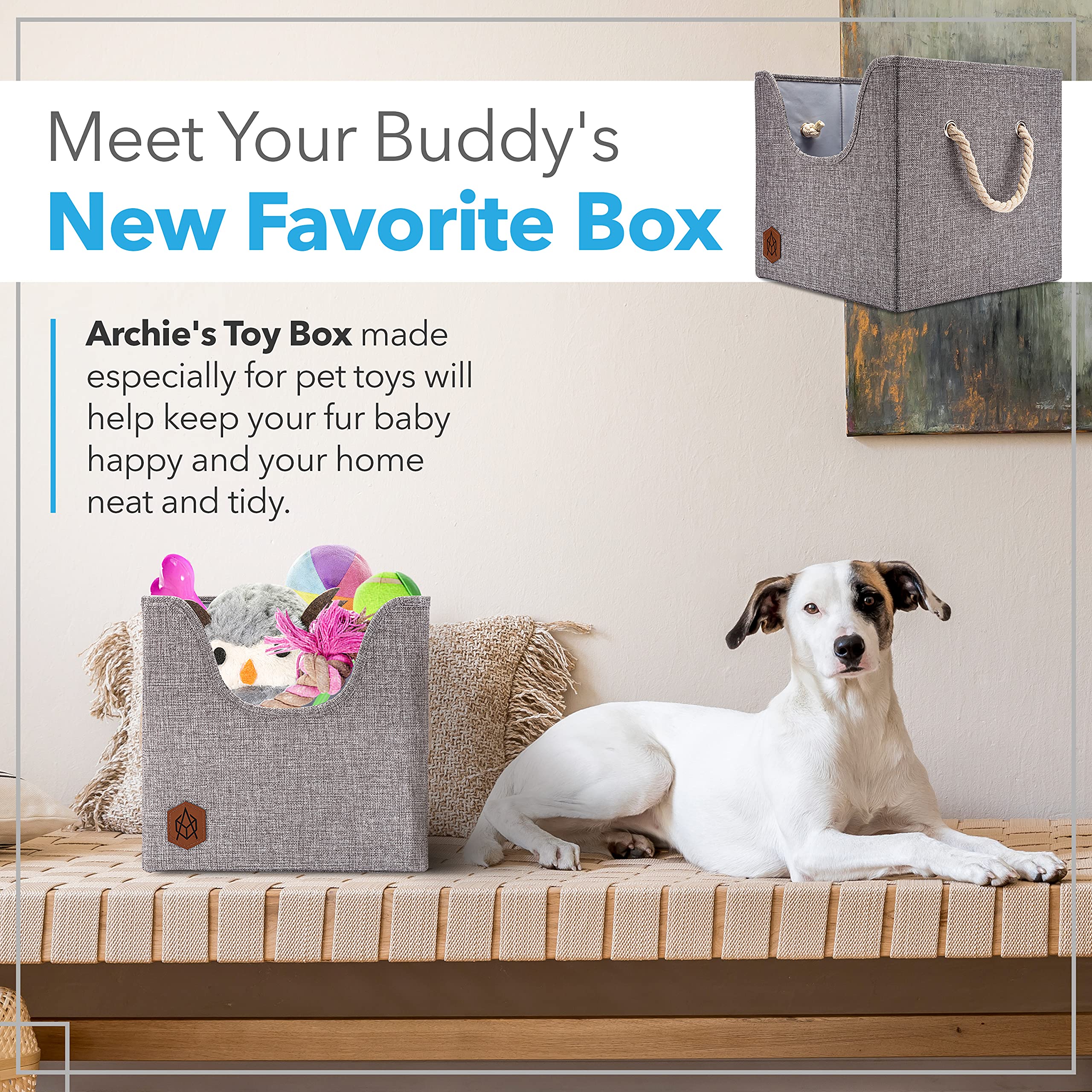 Dog Toy Box, Storage Bin for Puppy Toys, Foldable Cube Storage Bin with Cutout Window and Sturdy Cardboard Base | Toy Basket wit