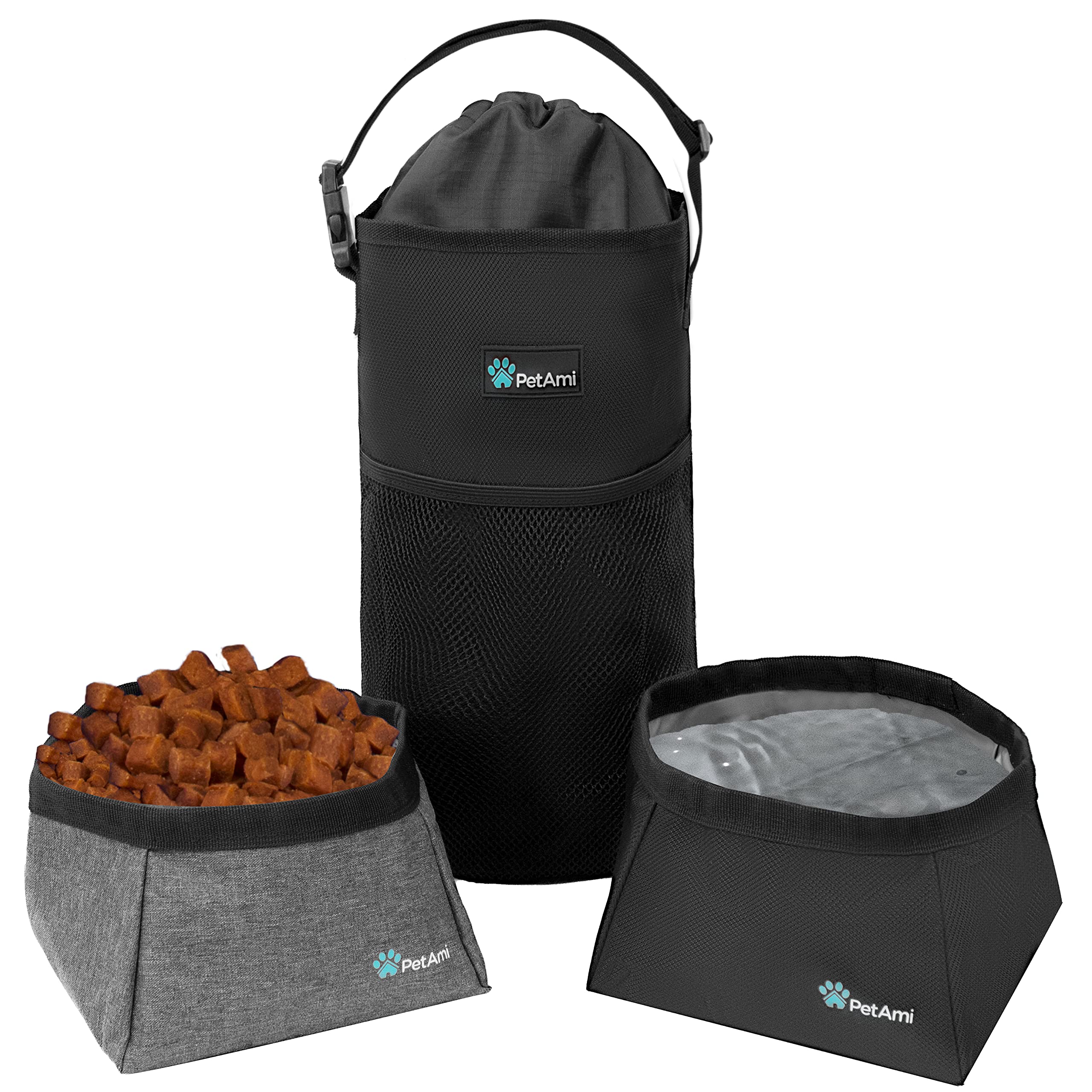 PetAmi Dog Food Travel Bag | Kibble Carrier for Dogs with Collapsible Dog Water Bowls Kit | Pet Food Travel Container Storage fo