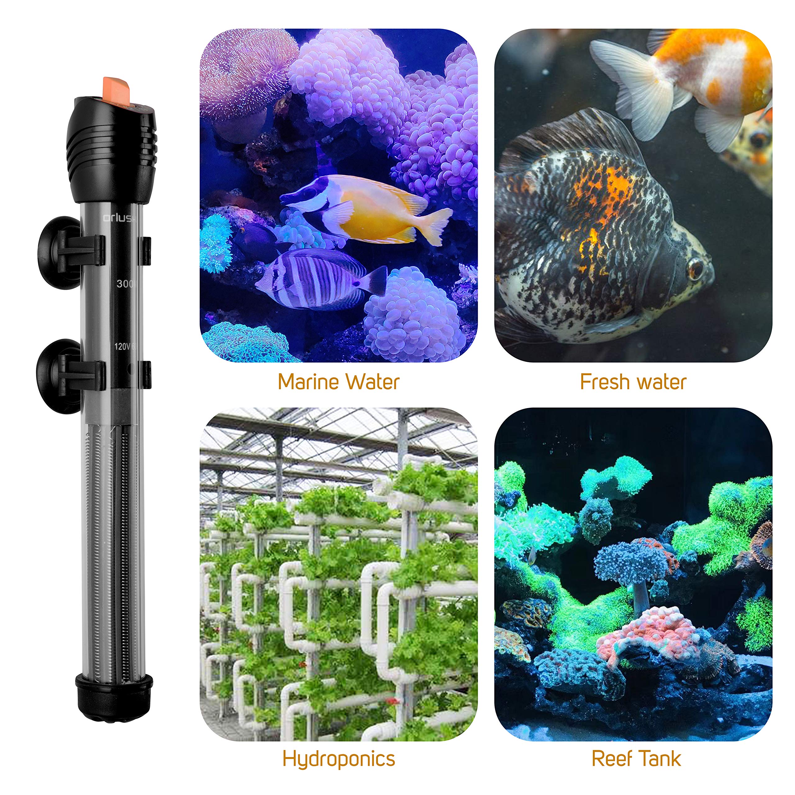 Orlushy 150W Submersible Aquarium Heater - Adjustable, Glass, Includes Thermometer, Suitable for Freshwater & Marine Saltwater