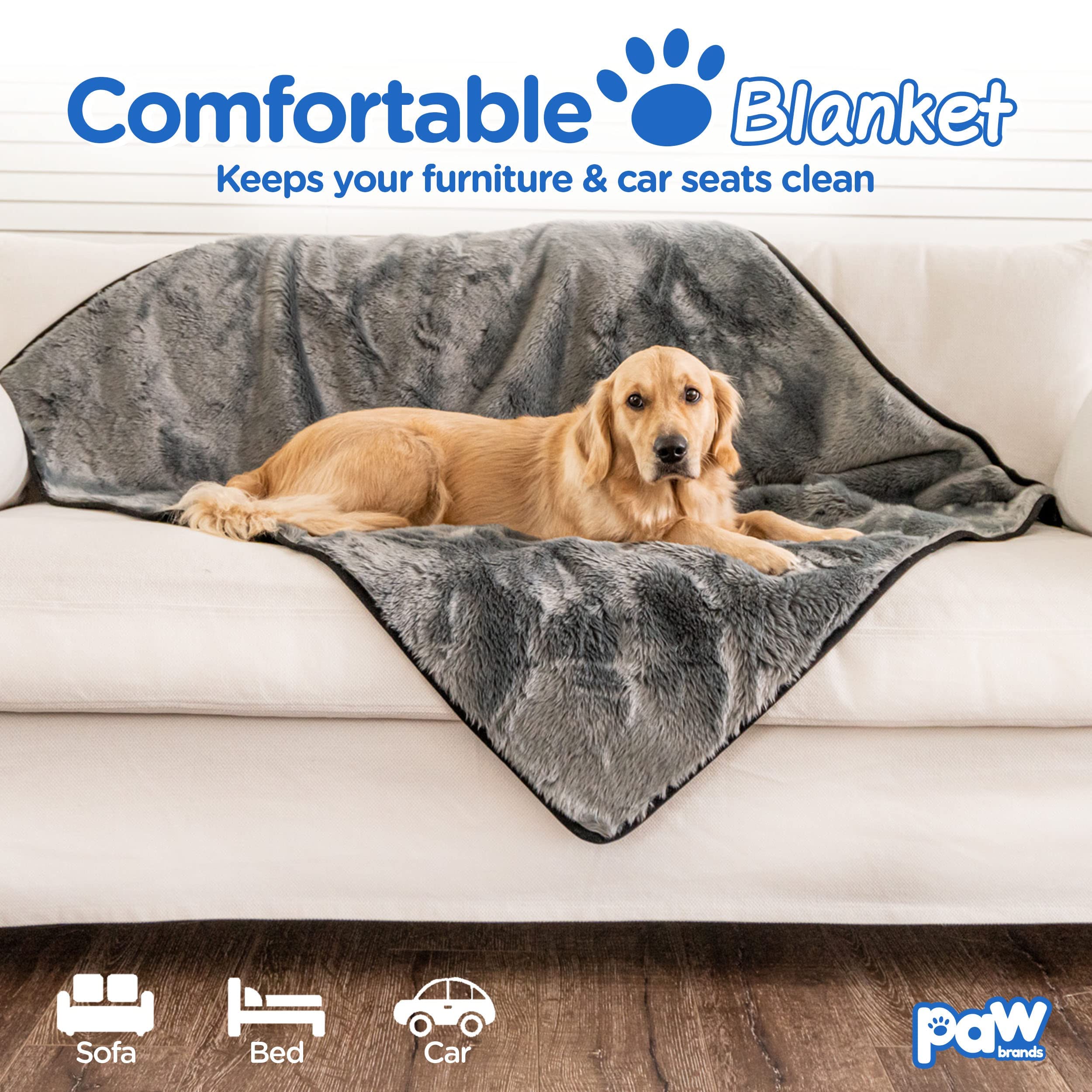 PAW BRANDS Waterproof Dog Blanket - Charcoal Grey Faux Fur 60 x 50 Machine Washable Pet Throw for Large Dogs & Couch Protection