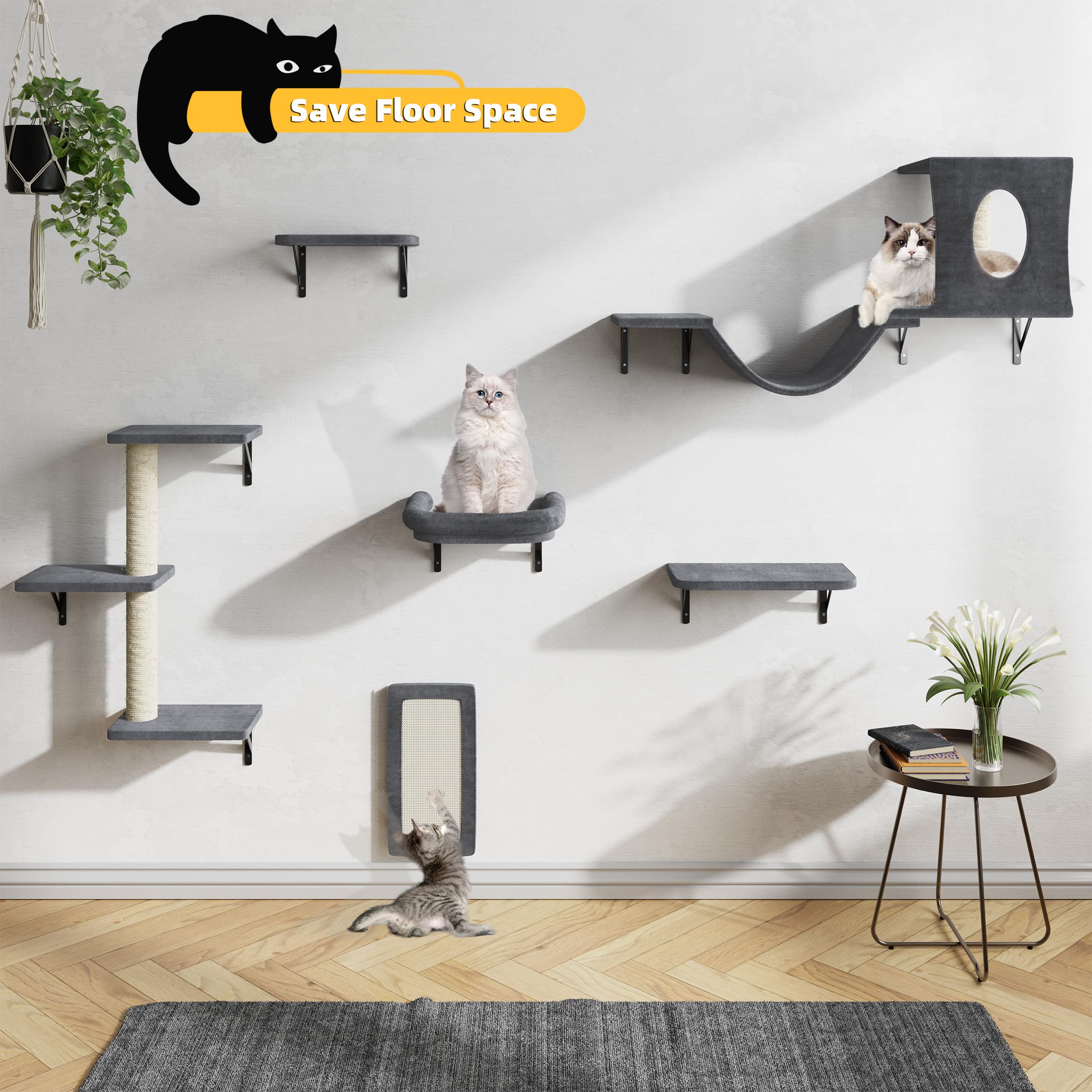 NUNU LAB Wall Mounted Cat Furniture, 6pc Cat Wall Furniture, Cat Climber with Cat House, Bridge, Tree, Steps, and Scratcher, DIY