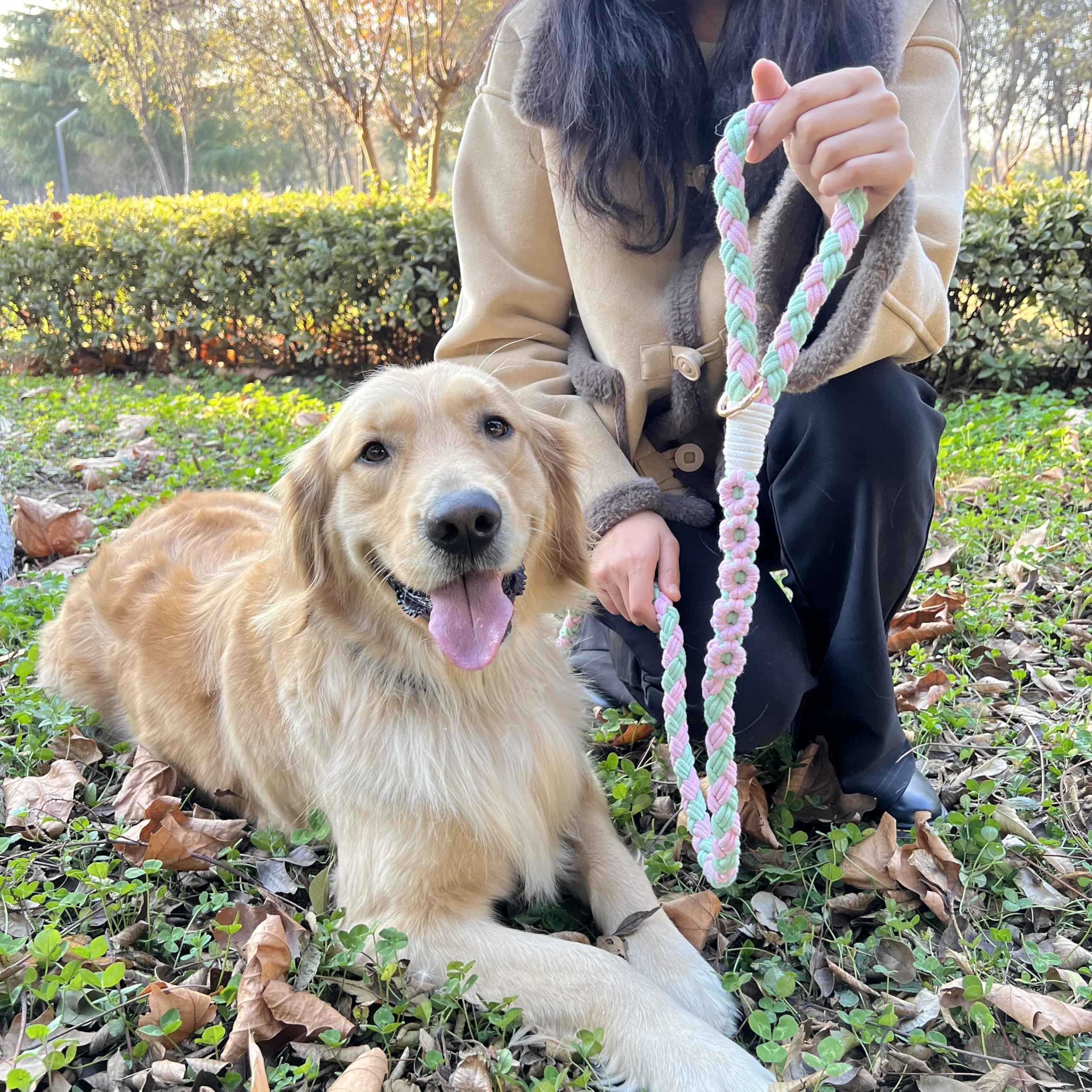 Handmade 5Ft Braided Cotton Dog Leash With Unique Floral Handle, Durable And Stylish, Ideal For Small To Large Dogs, Pink & Gree