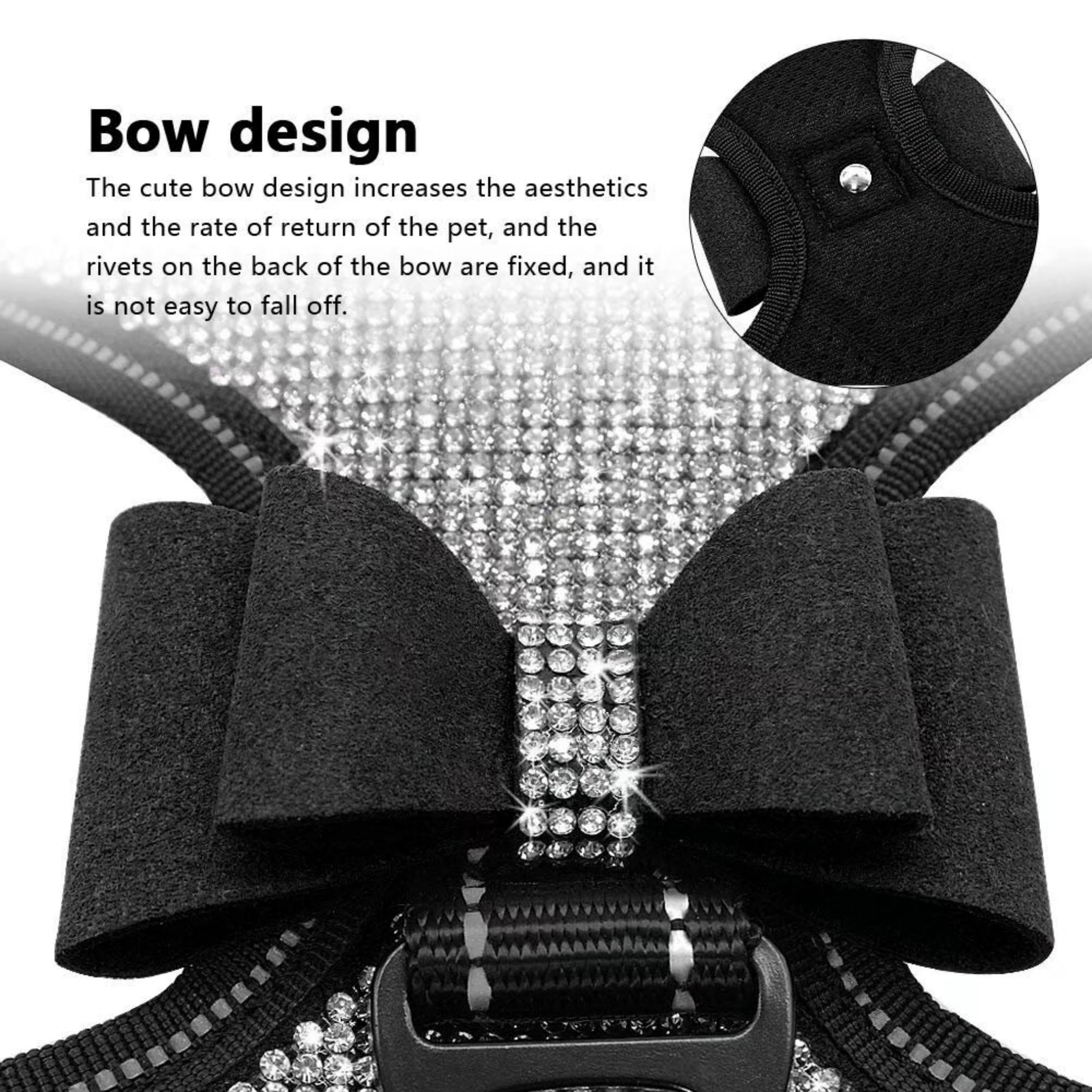 Beirui Rhinestone Dog Harness - Reflective Bling Nylon Dog Vest With Sparkly Bow Tie For Small Medium Large Dogs Walking,Party And Wedding,Black,S