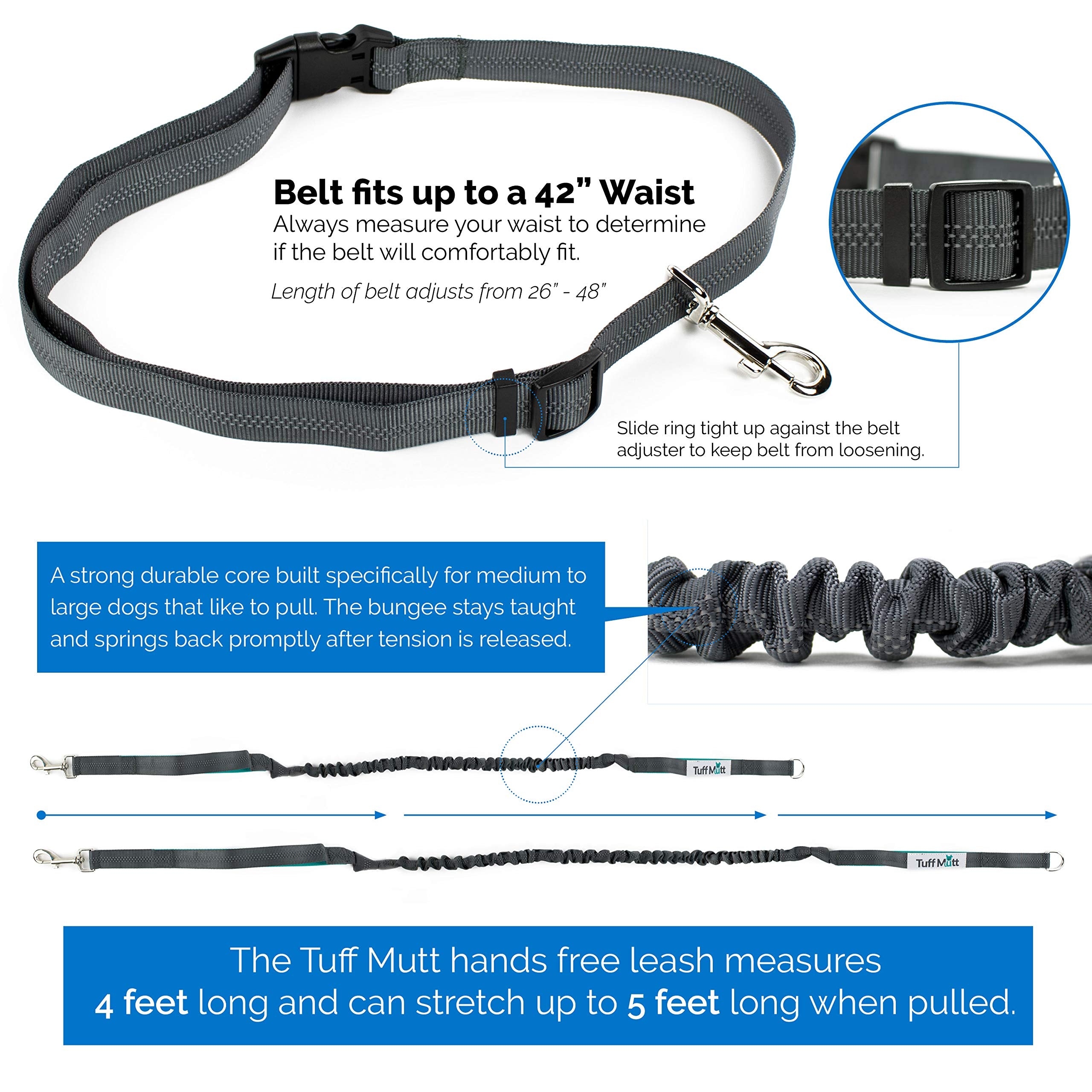 Tuff Mutt Hands Free Dog Leash, A Dog Running Leash For Dogs That Makes A Great Waist Leash For Dog Walking, Double Handle Bungee Dog Leash With Reflective Stitching And Adjustable Dog Walking Belt