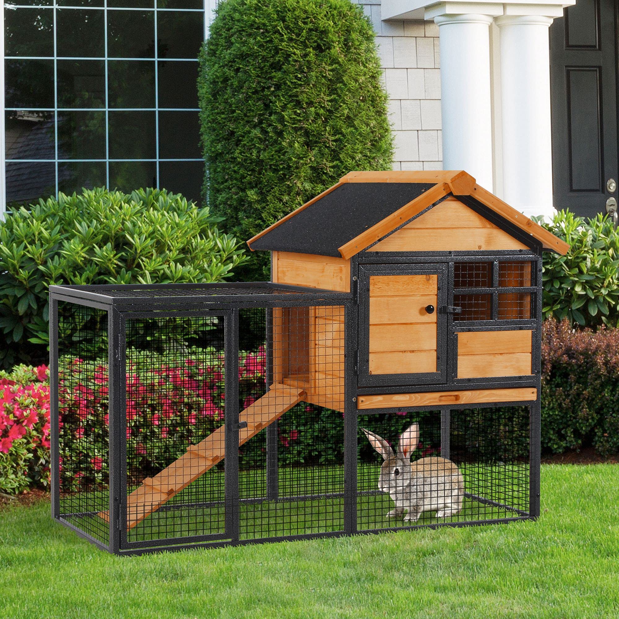 Pawhut Wood-Metal Rabbit Guinea Pig Hutch Elevated Pet House Bunny Cage With Slide-Out Tray Lockable Door Outdoor 122 X 63 X 92Cm Light Yellow