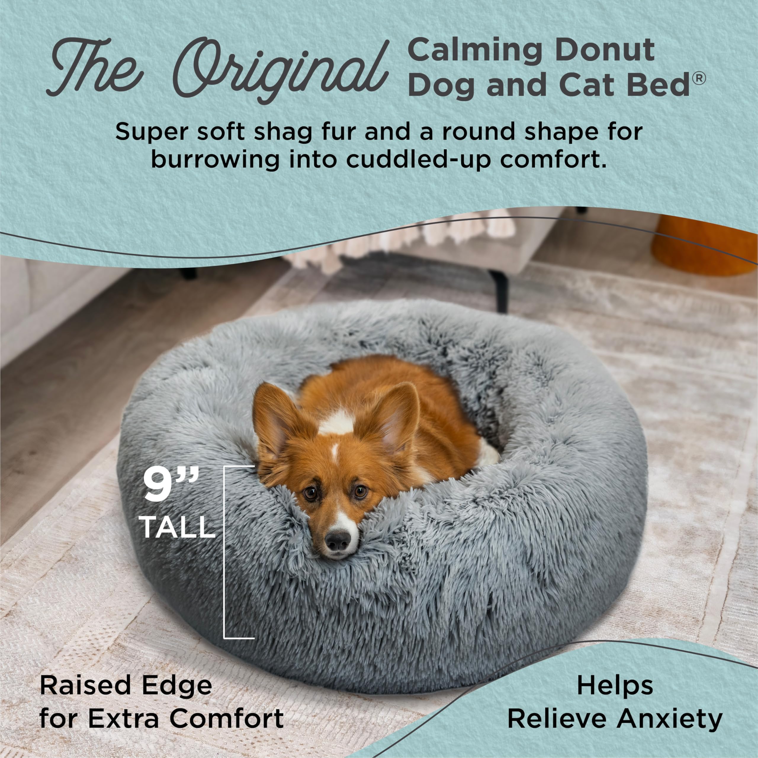 Best Friends By Sheri Original Calming Donut Dog And Cat Bed, Shag Faux Fur, Gray, Small (23X23) - Helps Provide Anxiety Relief
