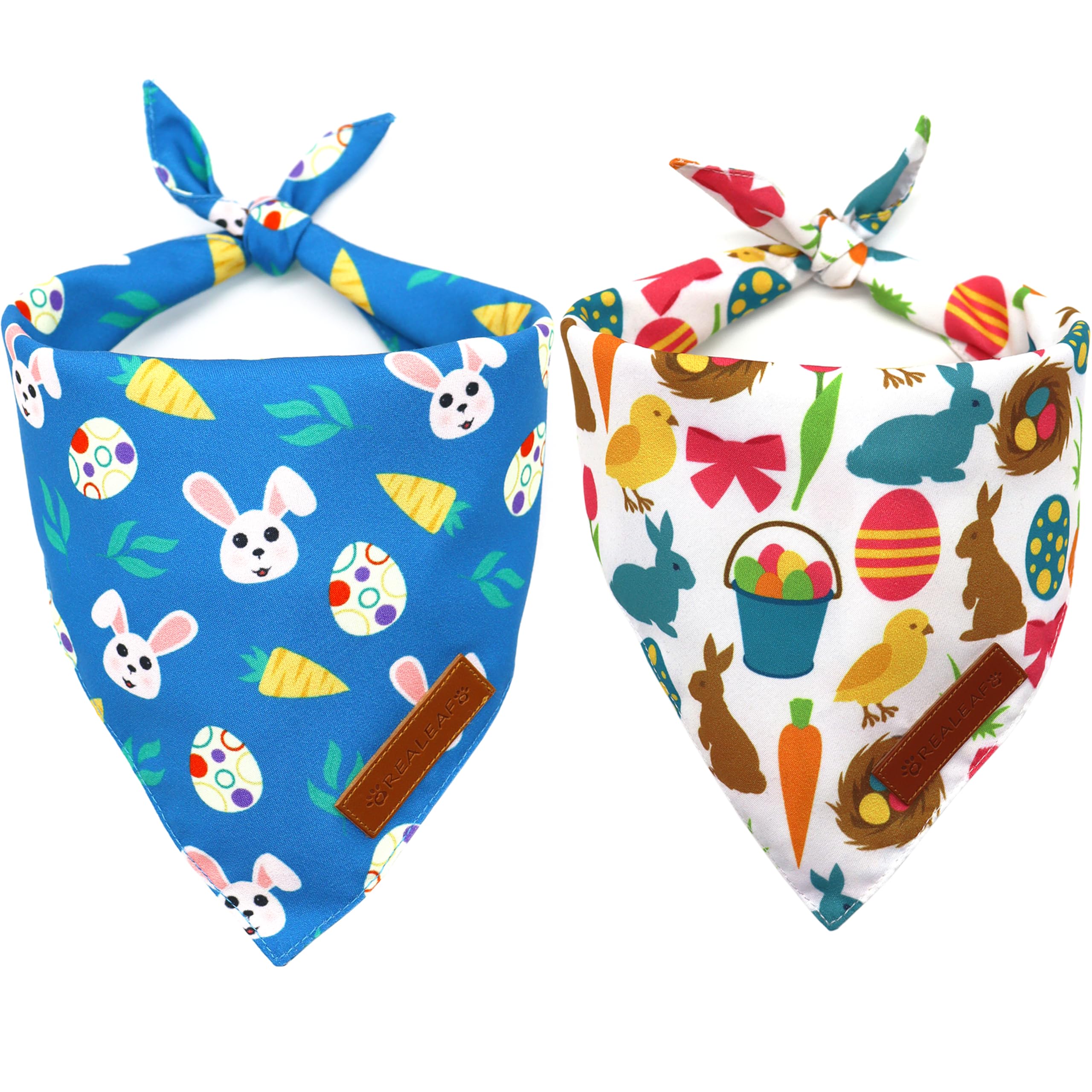 Realeaf Easter Dog Bandanas 2 Pack, Reversible Bunny Carrot And Easter Eggs Pet Scarf For Boy And Girl, Premium Durable Fabric, 