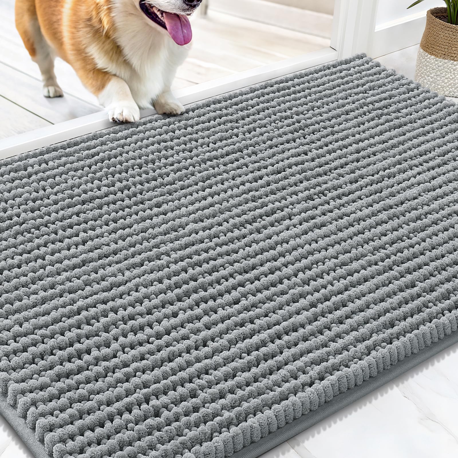 OLANLY Dog Door Mat for Muddy Paws 30x20, Ultra Absorbent Chenille Mud Doormat, Non-Slip Washable and Dirt Trapping Doormat for 