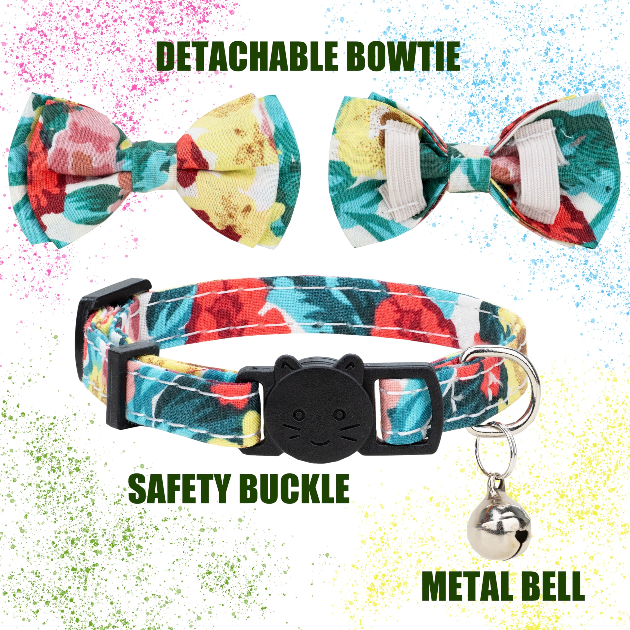 Gyapet Collar For Cat Pet Breakaway With Bell Bowtie Detachable Bow Adjustable Safety Kitten Puppy Girl Boy 2Pcs Yellow & Purple