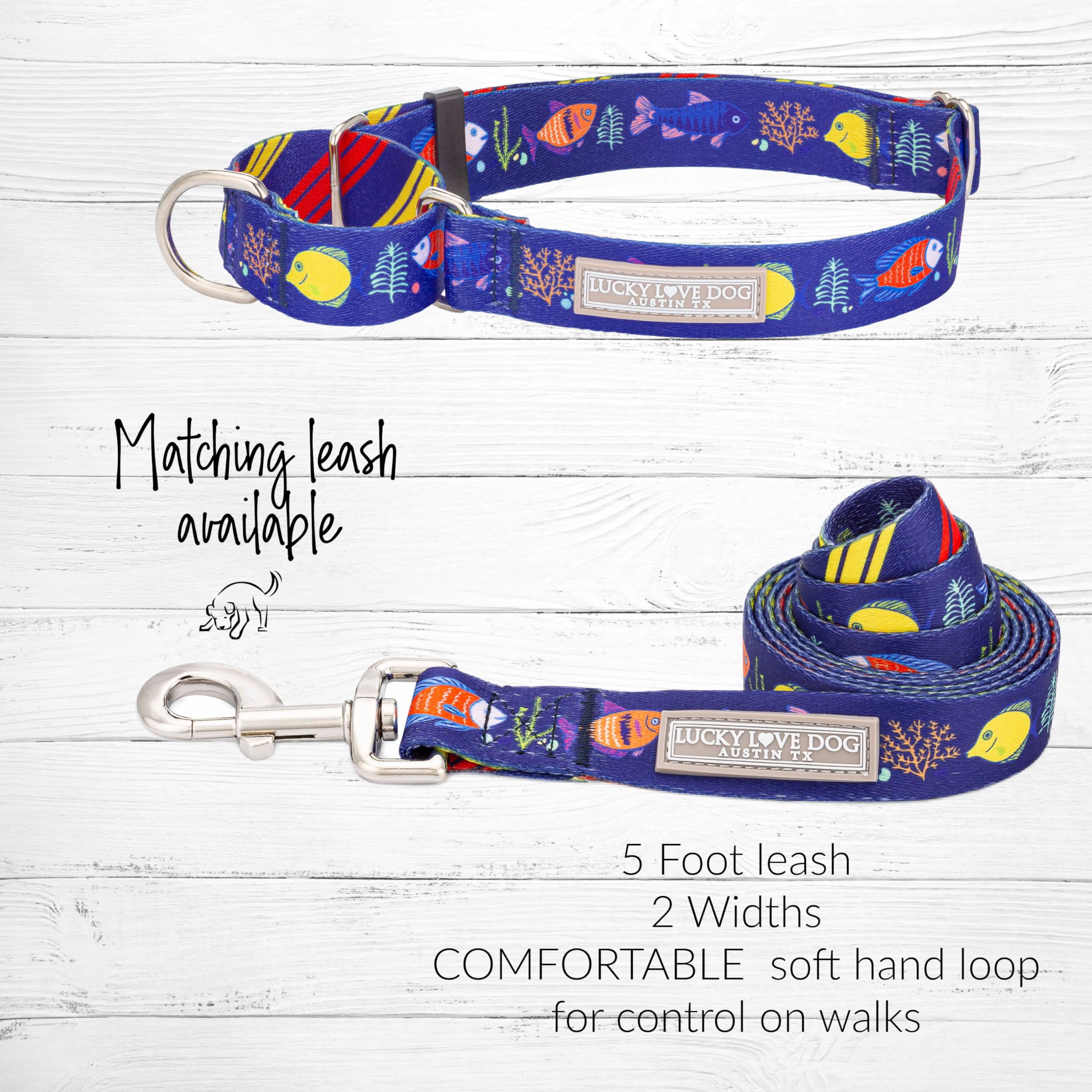 Lucky Love Dog Martingale Collar, Blue Color No Slip Collars For Small Dogs, Tropical Fish Pattern Martingale Dog Collar, Great