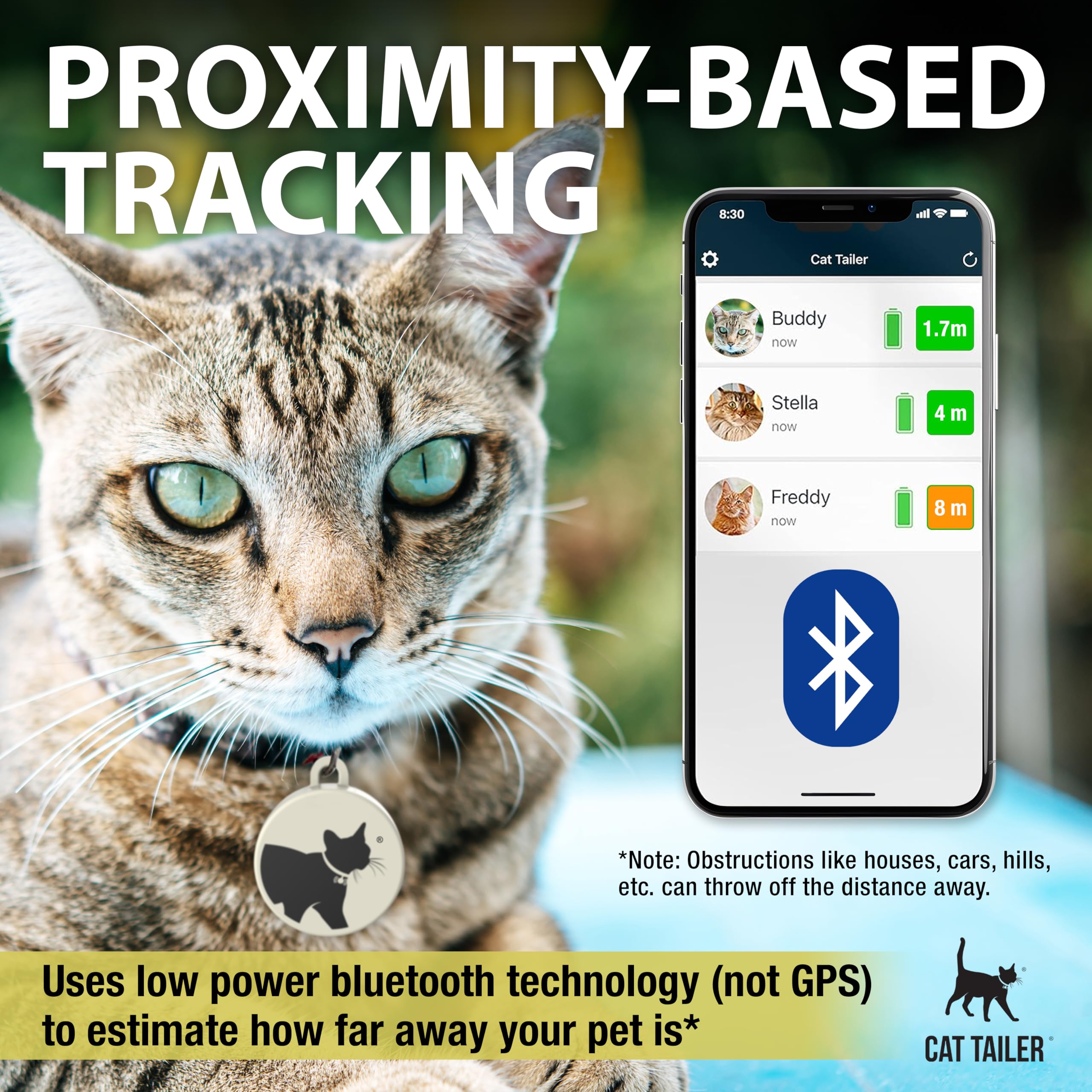 Cat Tailer Cat Tracker - Small and Lightweight Waterproof Bluetooth Pet Collar Attachment, 328 Foot Range, Replaceable 6 Month B
