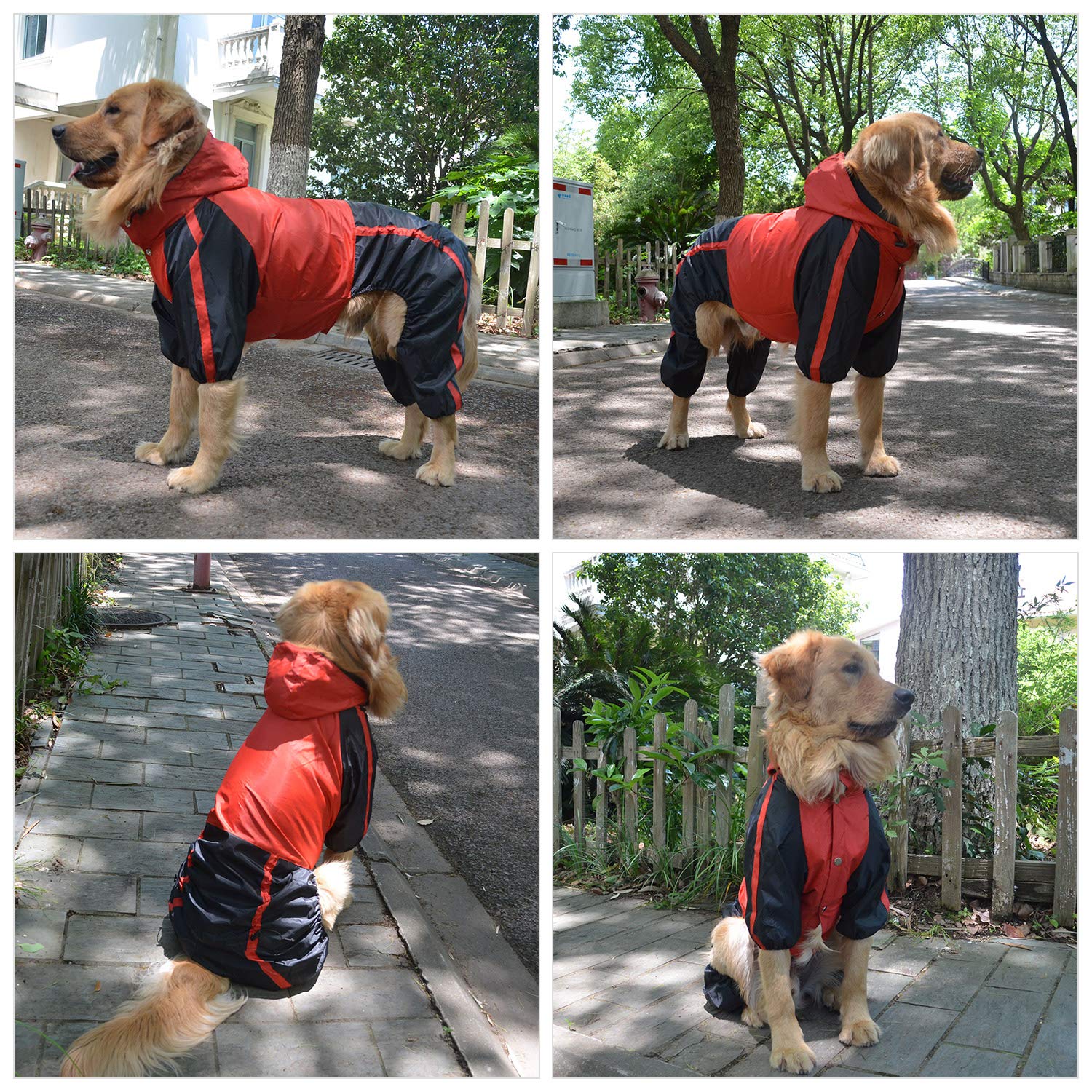 Lovelonglong Alaska Dog Hooded Raincoat, Golden Retriever Rain Jacket Poncho Waterproof Clothes With Hood Breathable 4 Feet Four Legs Rain Coats For Large Huge Dogs Red L-Xl+