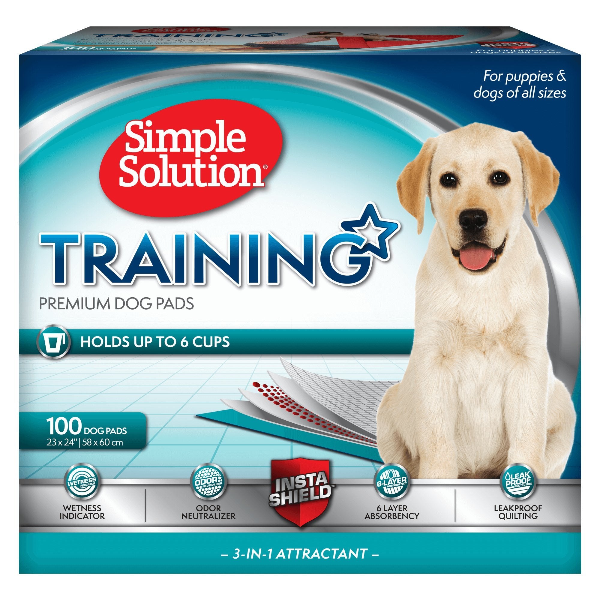 Simple Solution Training Puppy Pads - 6 Layer Dog Pee Pads, Absorbs Up To 6 Cups Of Liquid - 23X24In - 100 Count