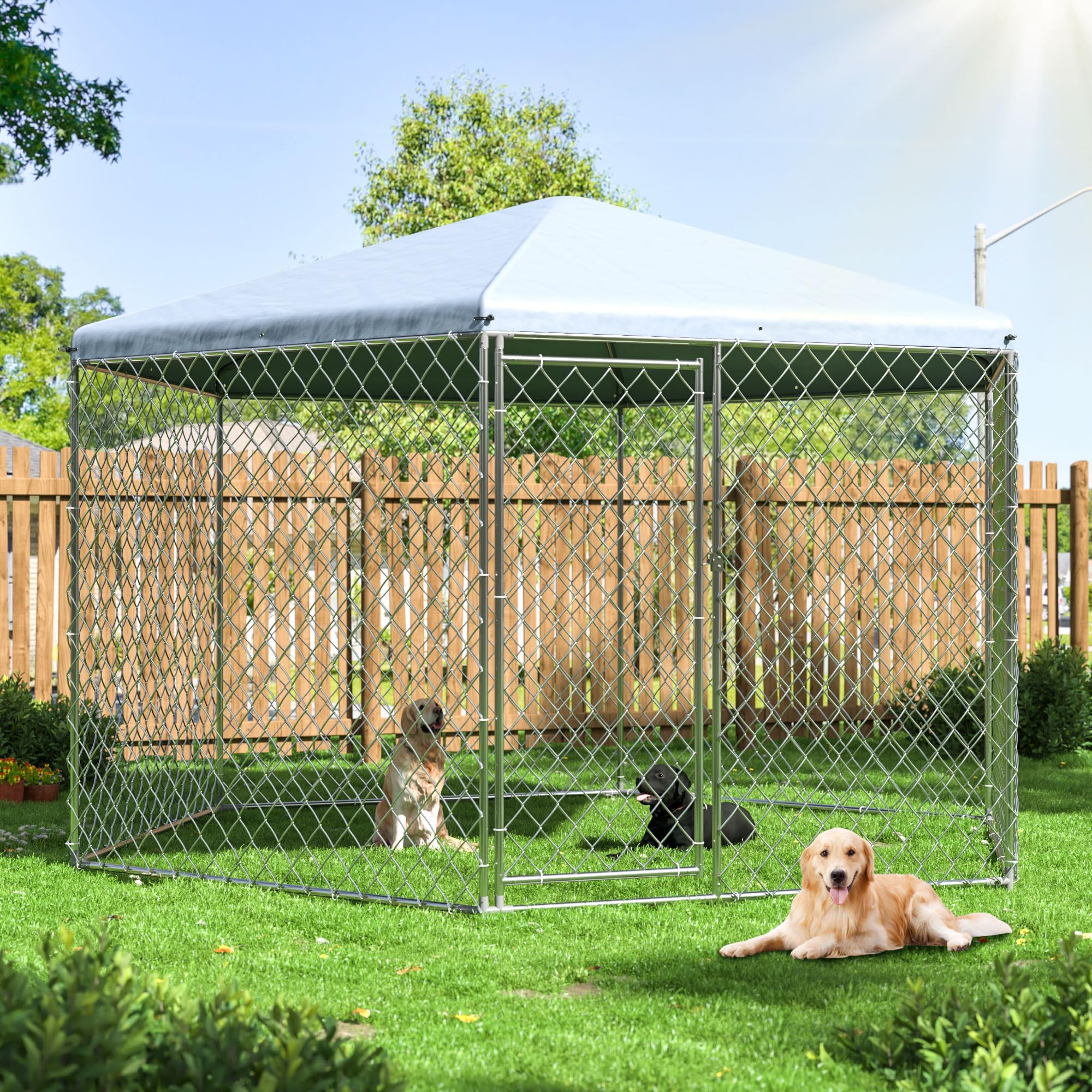 Polar Aurora Outdoor Dog Kennel With Roof,Large Dog Kennel Outside With Metal Gate,Heavy Duty Chain Link With Secure Lock For Ba