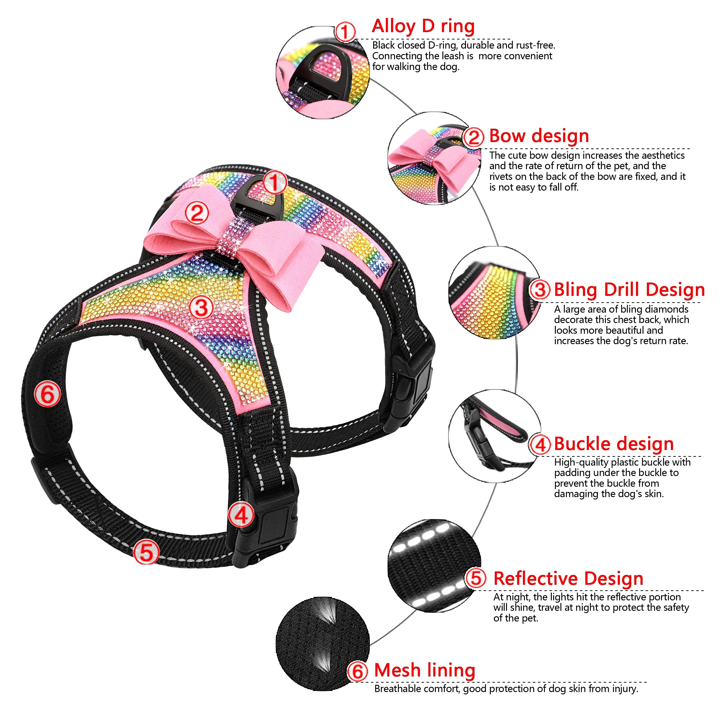 Beirui Rhinestone Dog Harness - Reflective Bling Nylon Dog Vest With Sparkly Bow Tie For Small Medium Large Dogs Walking,Wedding