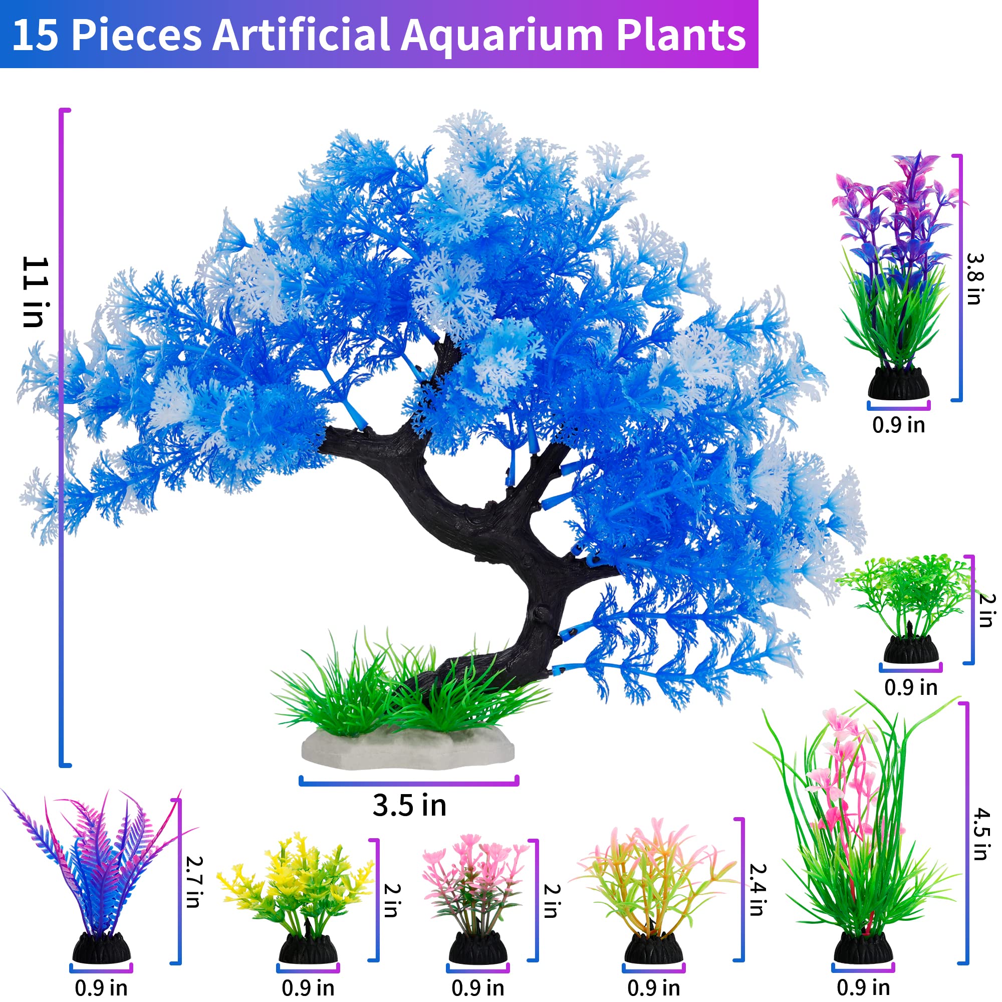 MyLifeUNIT Fish Tank Decorations, 15 Pack Artificial Aquarium Plants Tree Set for Fish Tank Decor (Bule Set)