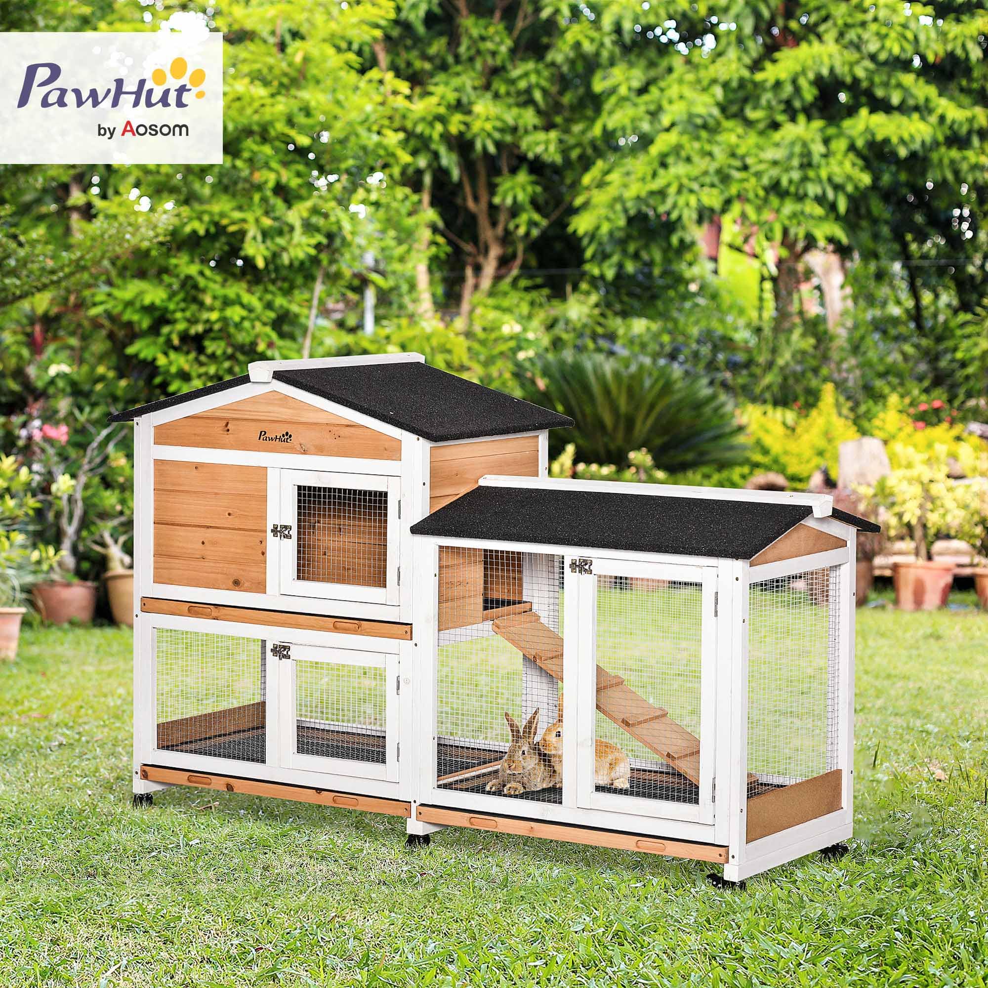 Pawhut 62'' Rabbit Hutch, Wooden Bunny Hutch, Guinea Pig Cage, Small Animal Enclosure With Wheels, Run Area, Removable Tray, Asp