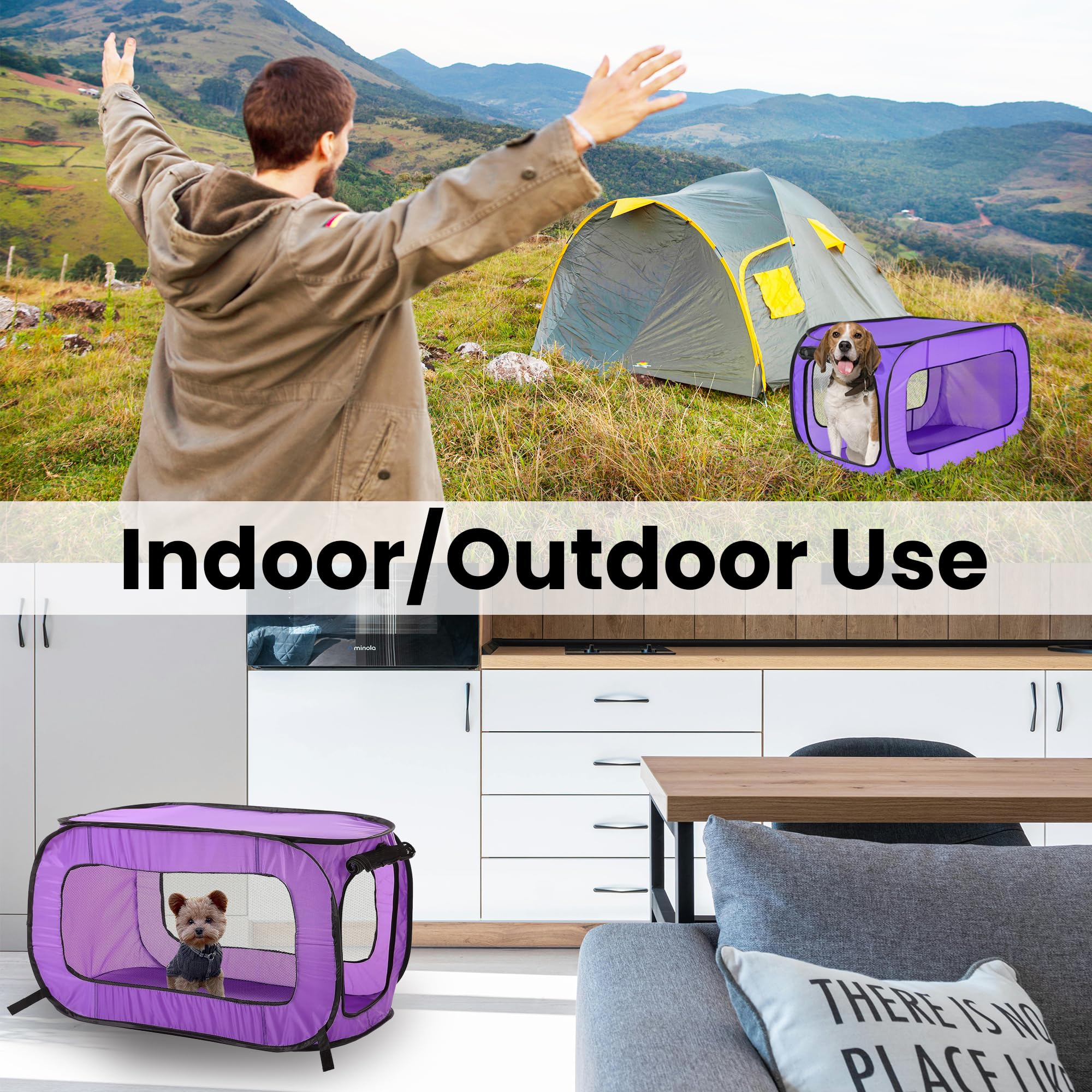 Beatrice Home Fashions Portable, Collapsible, Pop Up Kennel Travel Cat And Dog Crate, 24' L X 16.6' W X 16' H, Purple