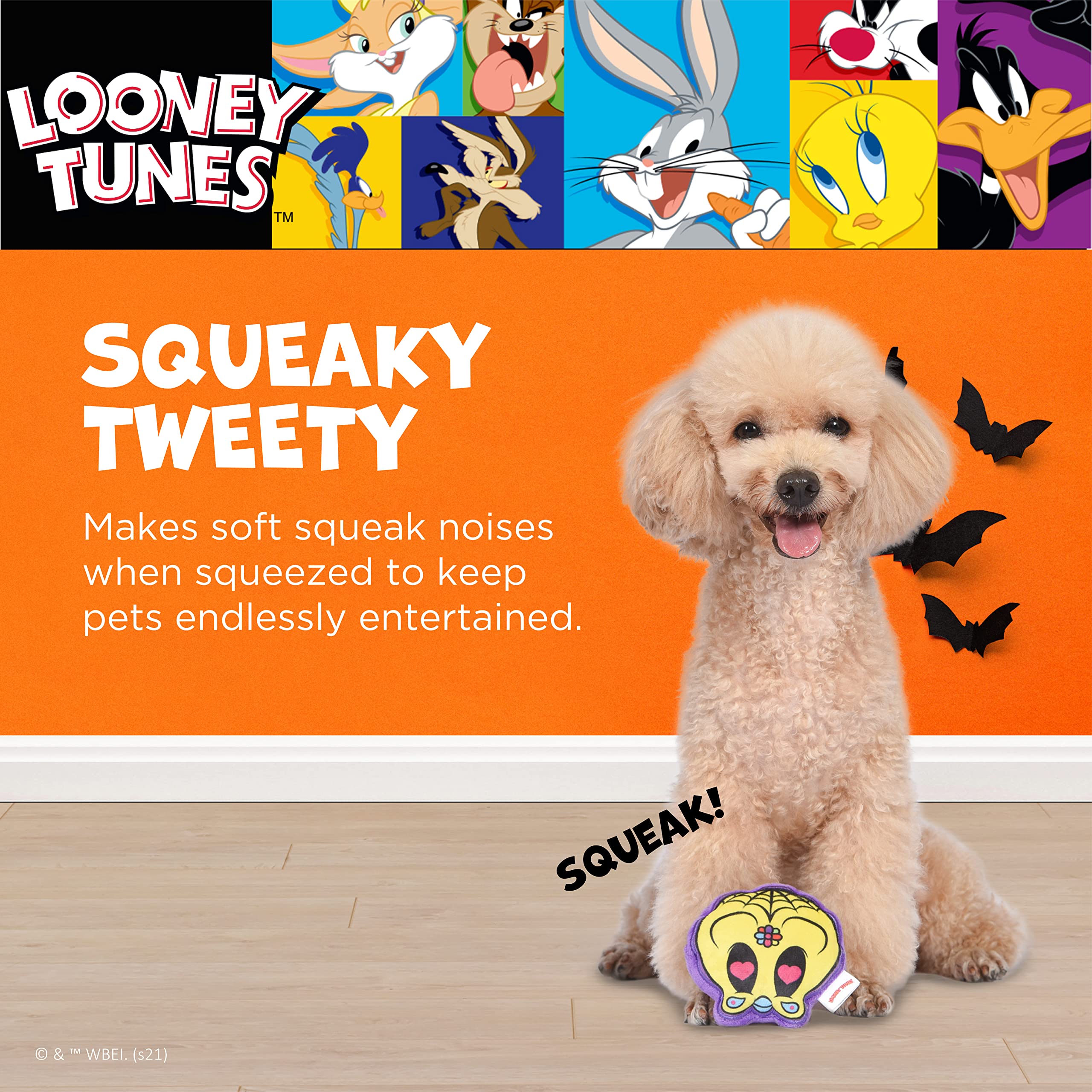 Looney Tunes For Pets Halloween Tweety Bird Silhouette Flattie Style Pet Squeaker Toy With Day Of The Dead Designs| Squeaky Dog Toy | Halloween Dog Chew Toys, 4' (Ff16968)