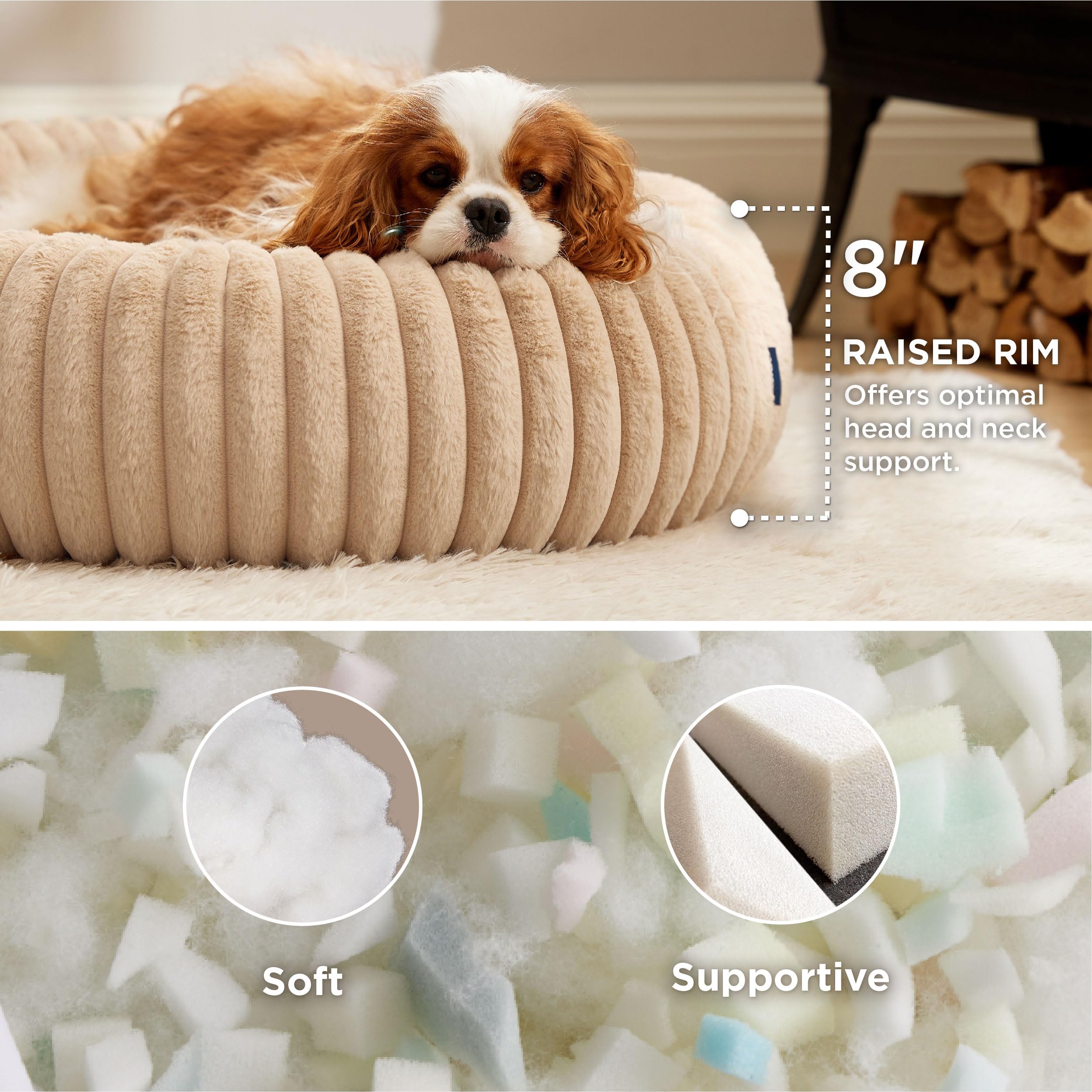 Bedsure Medium Dog Bed - Washable Faux Fur With Corduroy Fleece & Anti Slip Bottom, Round Pet Bed With Removable Cover, Sandy Ta
