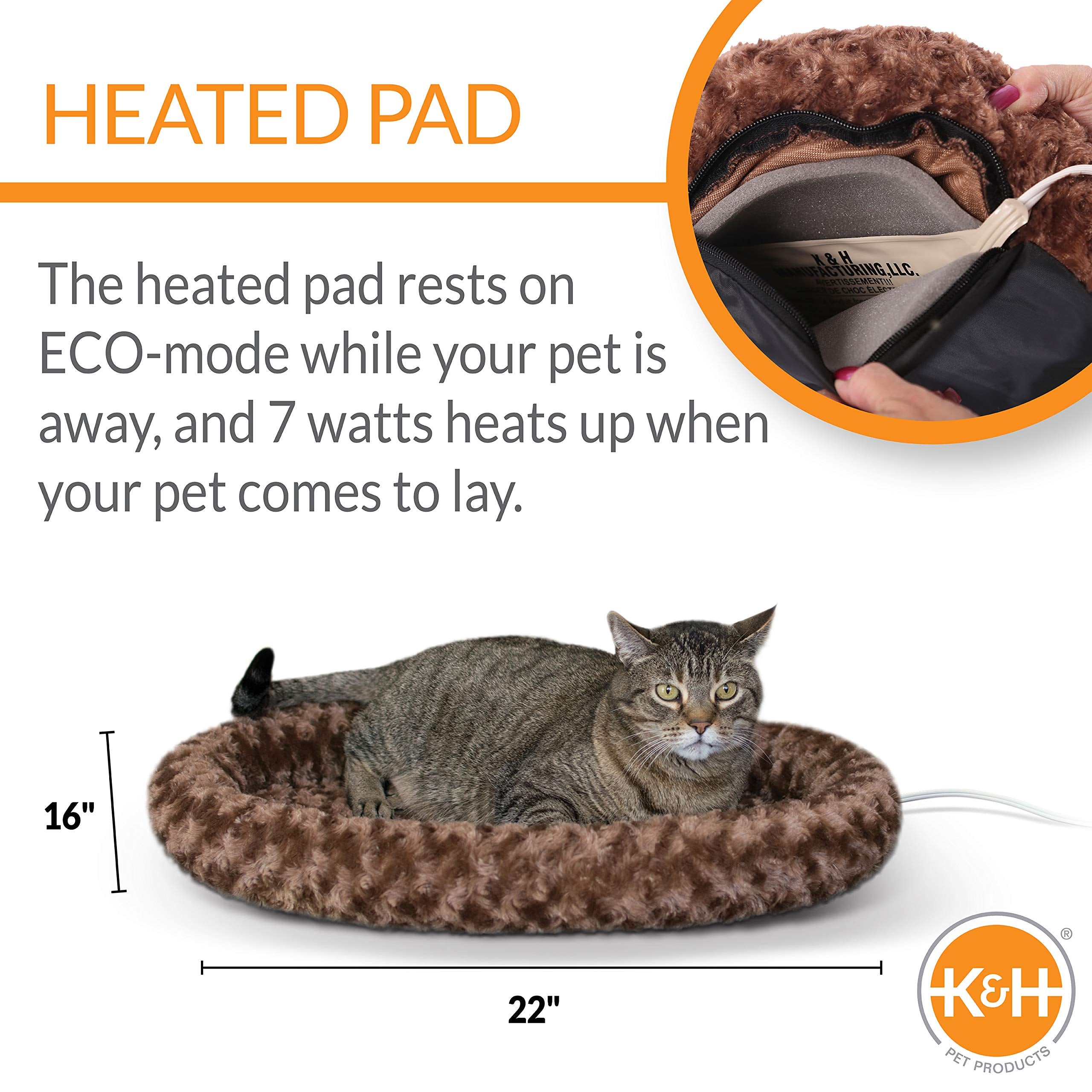 K&H Pet Products Thermo-Kitty Heated Pet Bed, Large Mocha, 22x16, Cozy 7W Cat & Dog Bed for Comfort and Warmth