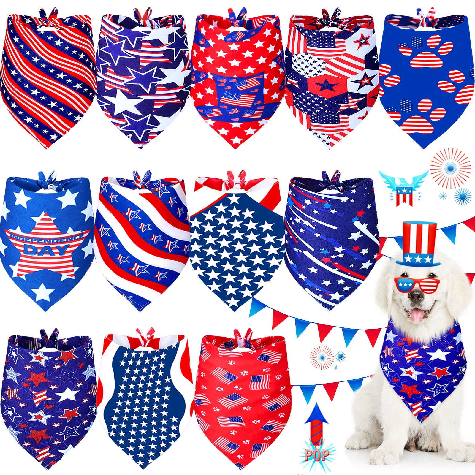 Weewooday 12 Pcs Patriotic Dog Bandana Fourth Of July Bandana For Dogs American Flag Memorial Day Independence Day Scarf Adjusta