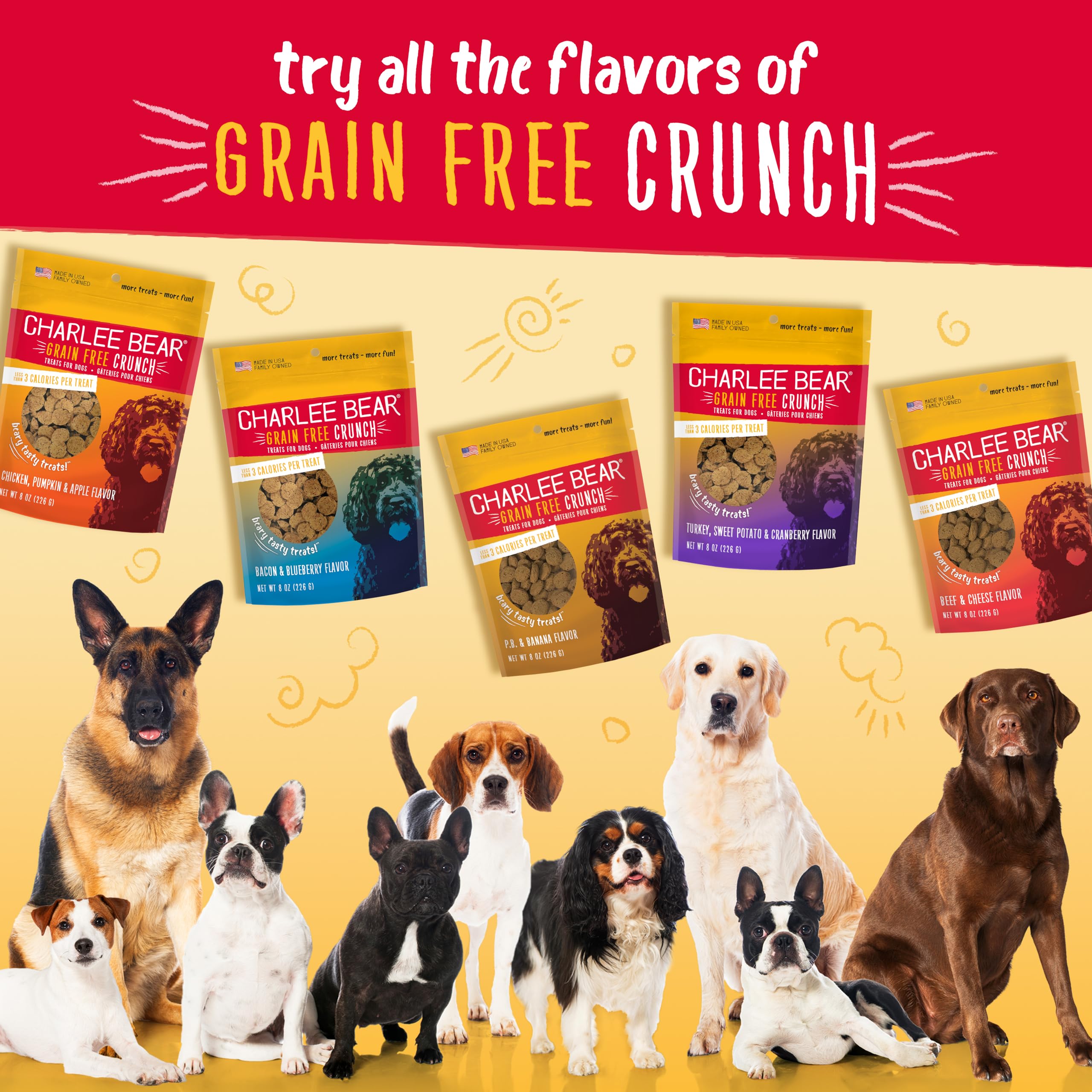 Charlee Bear Crunch Grain Free Dog Treats, Chicken, Pumpkin and Apple, 2 Ounce Resealable Bag, Low Calorie Training Treats for D