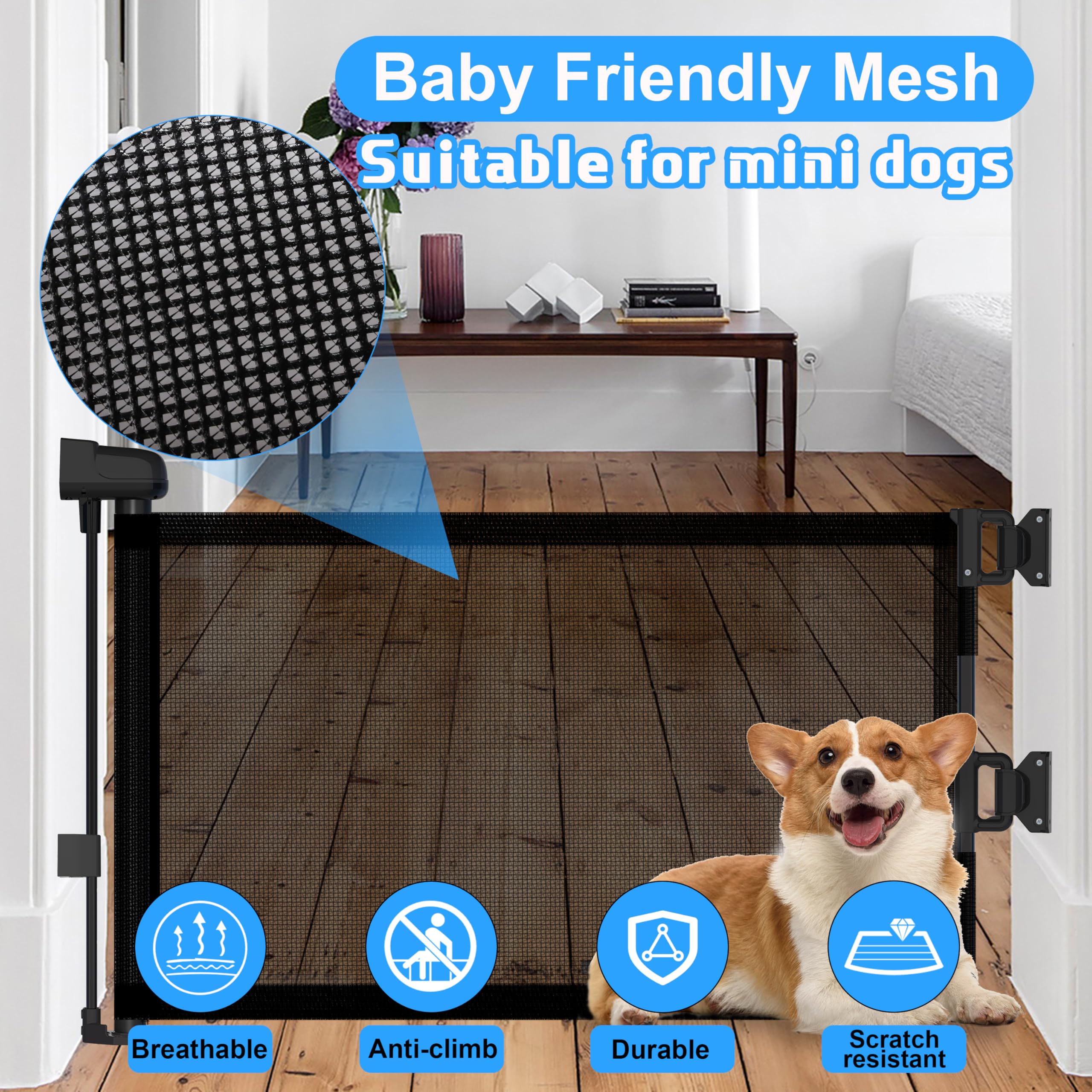 14  H Hideaway Short Dog Puppy Gate - Retractable Mesh Security Fence, Expands Up to 59 Inches - Ideal for Stairs & Doorways