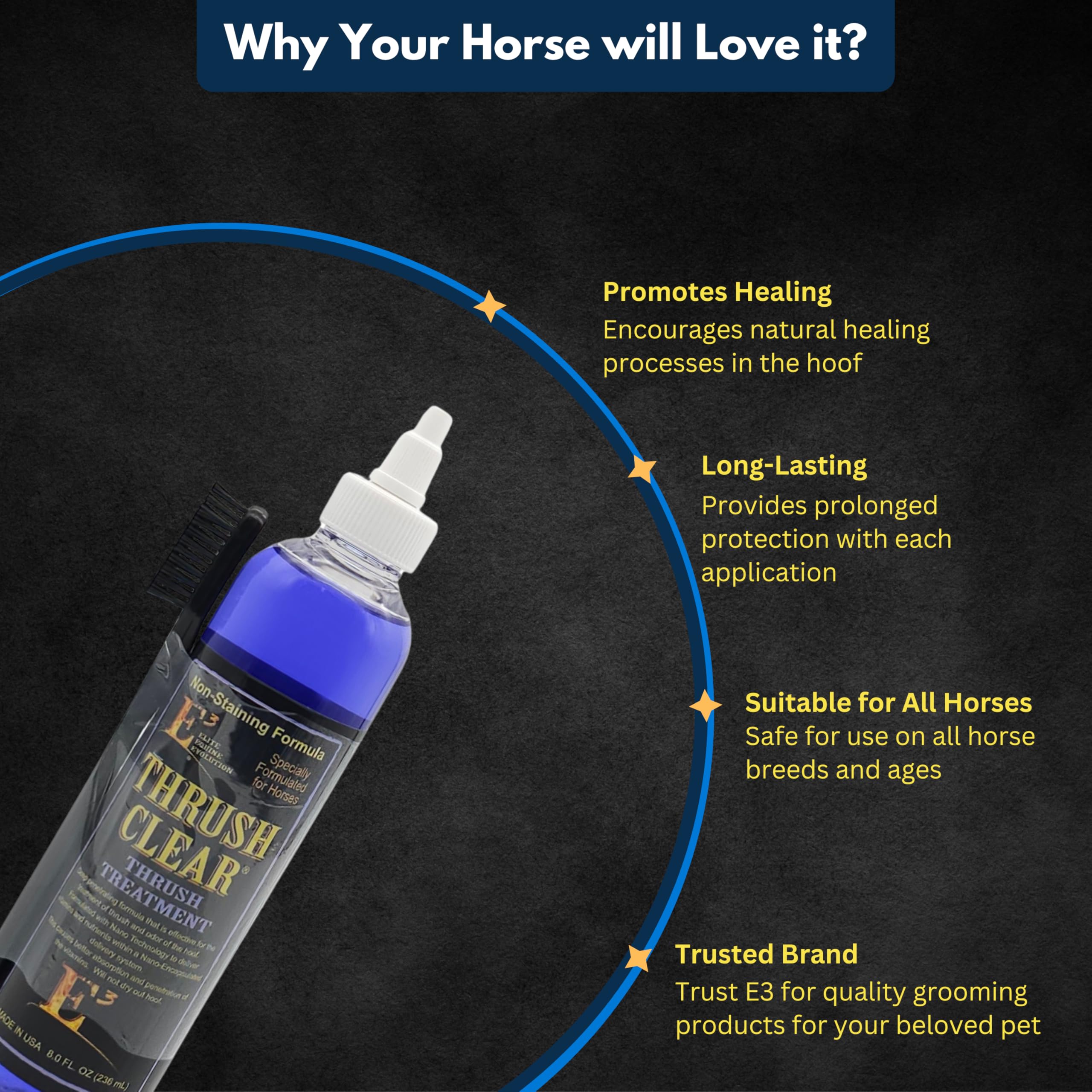 E3 Thrush Clear Treatment - 8 oz - Powerful Solution for Equine Hoof Thrush - Promotes Healthy Hoof Recovery - Prevents Future I