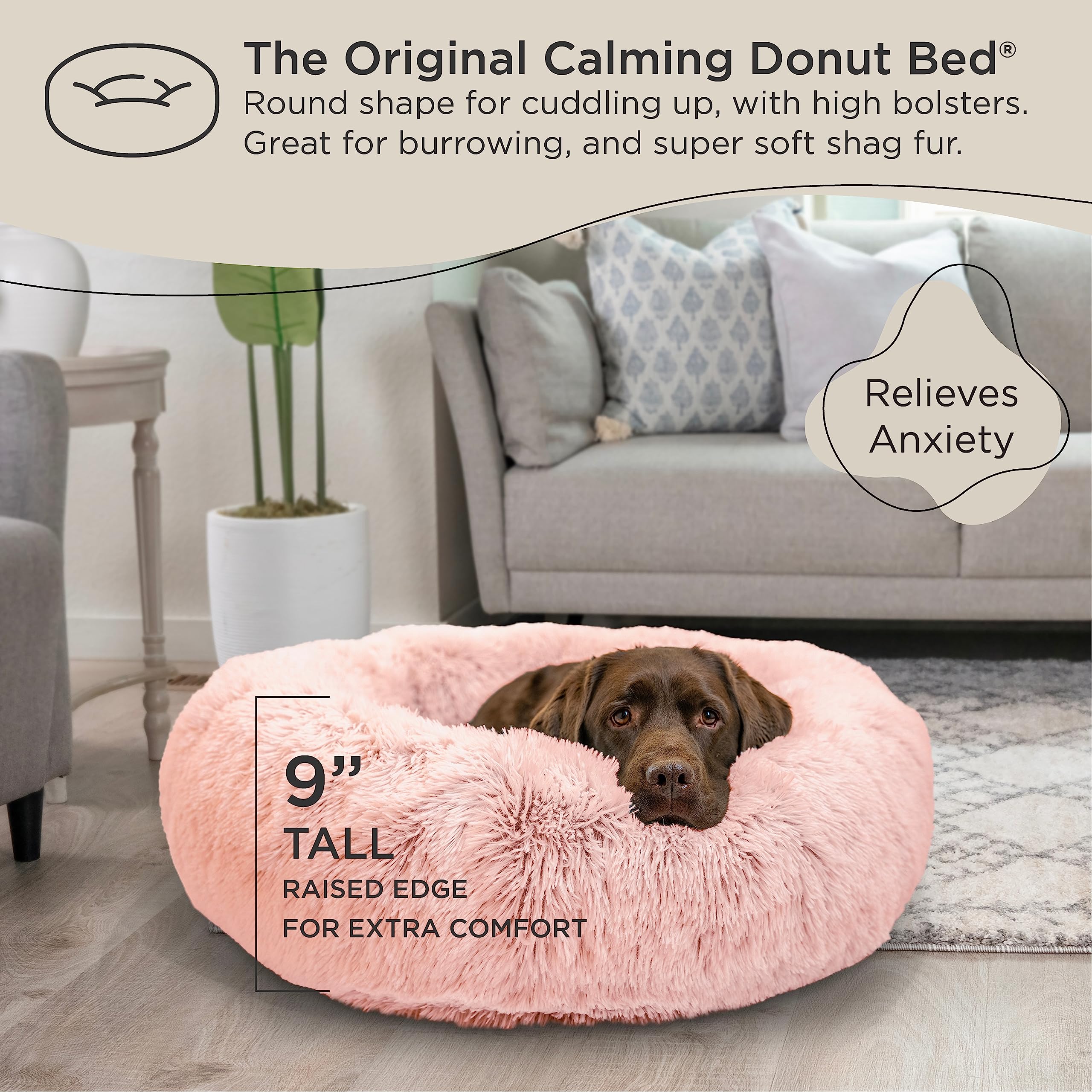 Best Friends By Sheri The Original Calming Donut Dog And Cat Bed In Shag Fur, Candy Pink, Large, 36X36