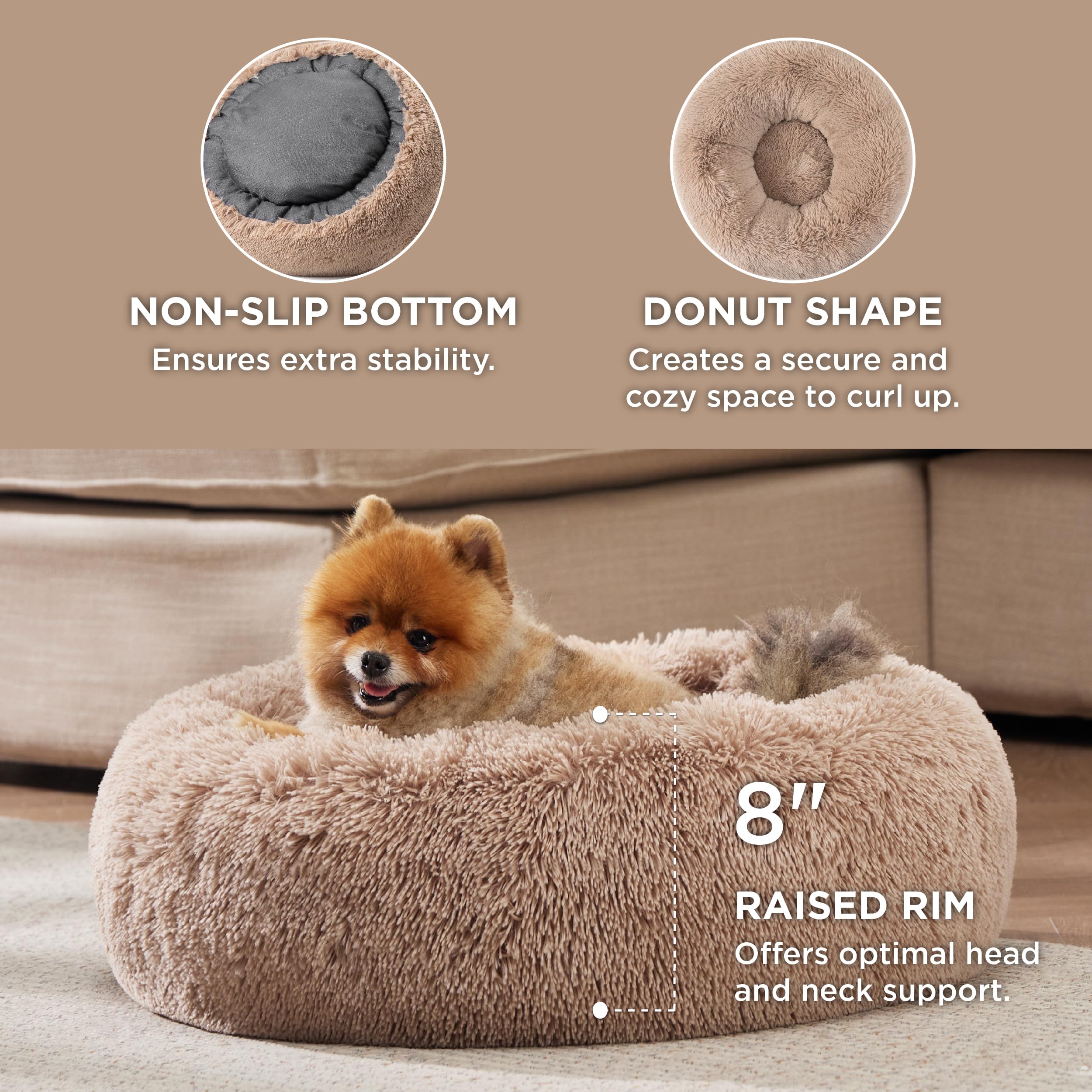 Bedsure Calming Dog Bed For Small Medium Dogs - Donut Washable Medium Puppy Bed, 27 Inches Anti-Slip Round Fluffy Plush Faux Fur
