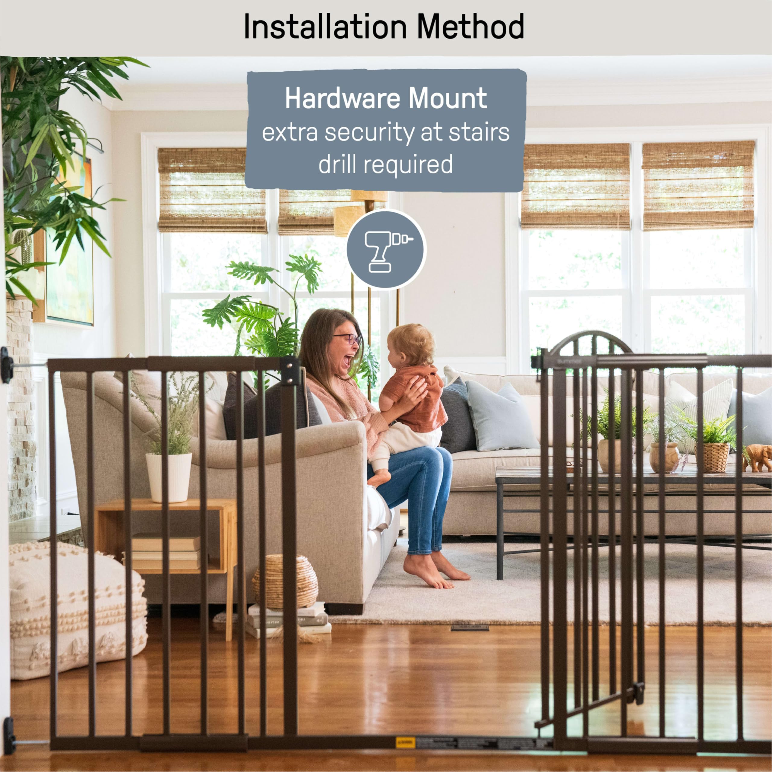 Summer Infant Metal Expansion Extra Wide Safety Pet And Baby Gate, 44'-71' Wide, 36” Tall, Hardware Mounted For Dog And Child Safety, Fits Large Opening Or Doorway, Auto Close Walk Thru Door - Bronze