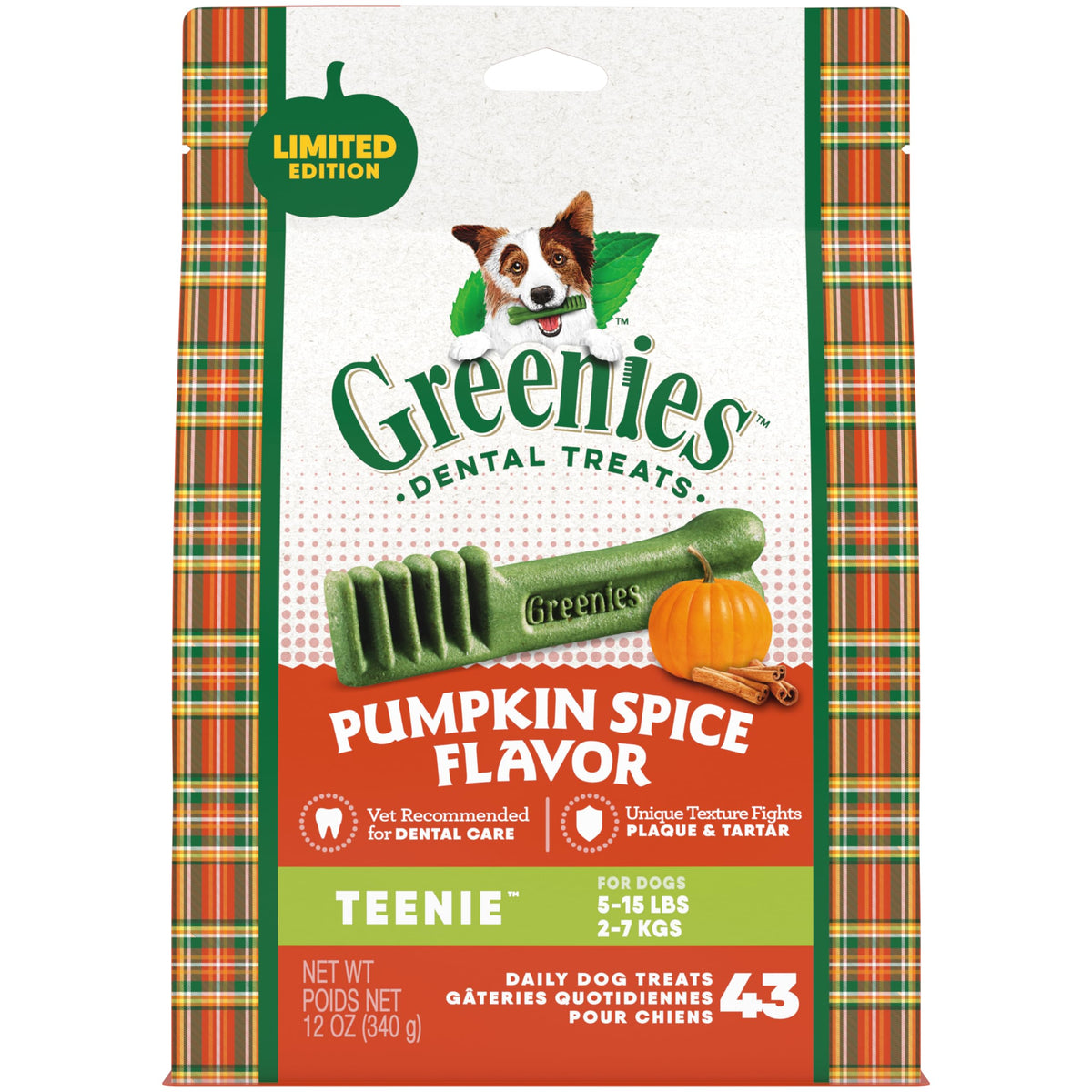 Greenies Pumpkin Spice Flavor Teenie Size, Veterinarian-Recommended For Dental Care, Dog Treat Chews, Limited Edition, 12 Oz., Pouch (43 Treats)