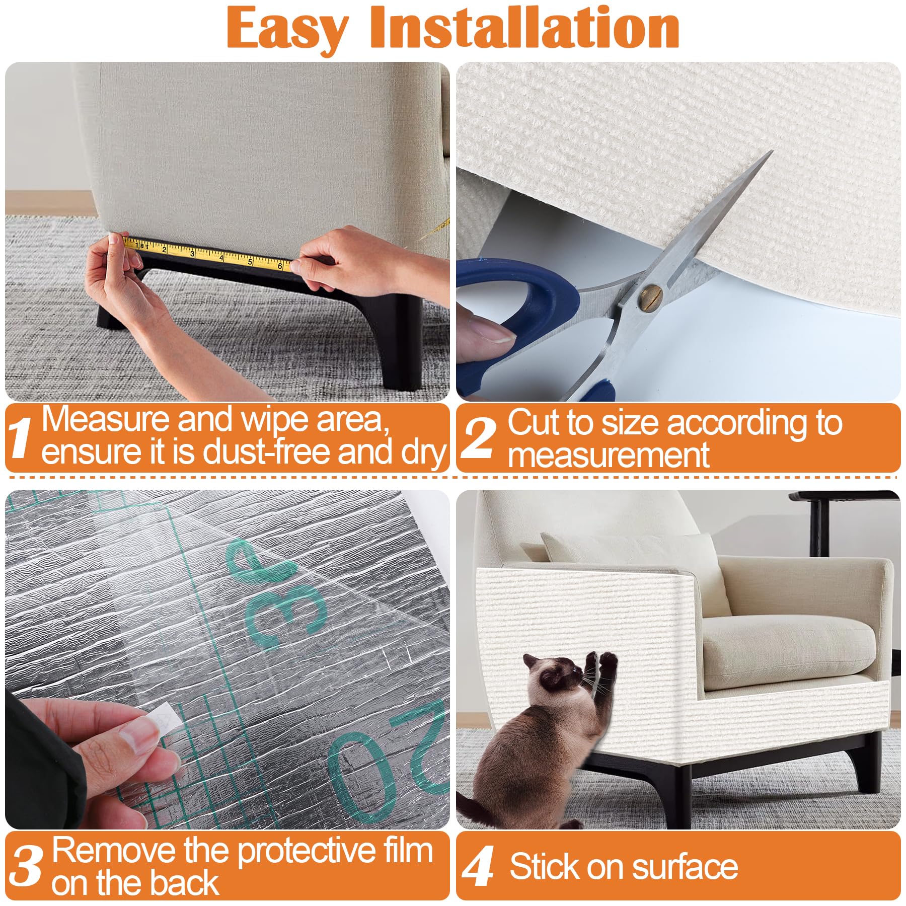 Inchoco Cat Scratch Furniture Protector - 100'' X 15.8'' Trimmable Self-Adhesive Cat Claws Scratching Pads, Diy Climbing Couch P