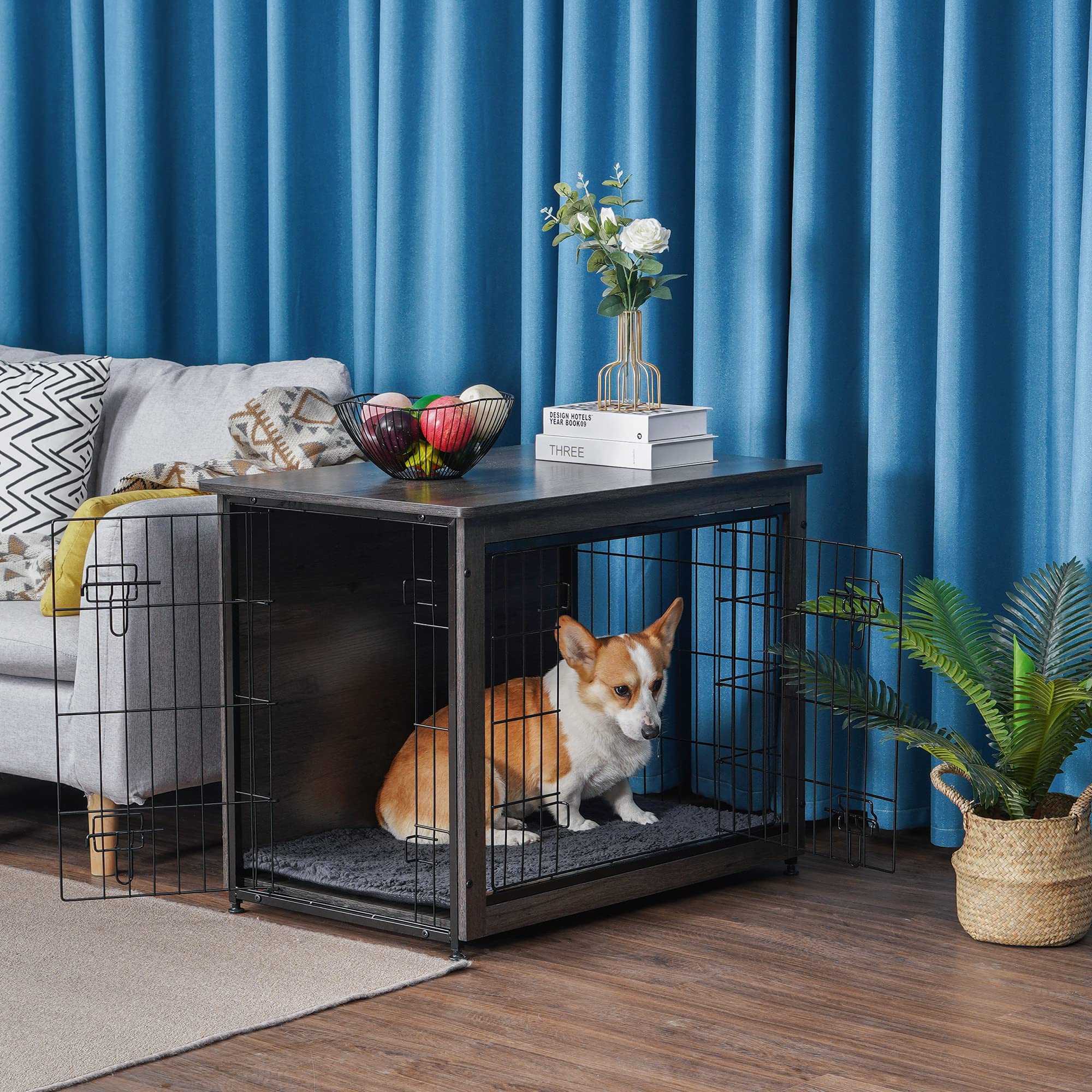 DWANTON Dog Crate Furniture with Cushion, Wooden Kennel Table with Double Doors, Indoor Dog House, Medium Size, 32.5 L, Dark Gra